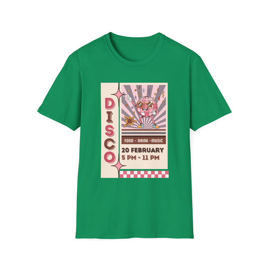 Disco Party T-Shirt — Retro 70s Vinyl Night Poster Tee ("DISCO" 20 February 5PM–11PM) - Creations by Chris and Carlos