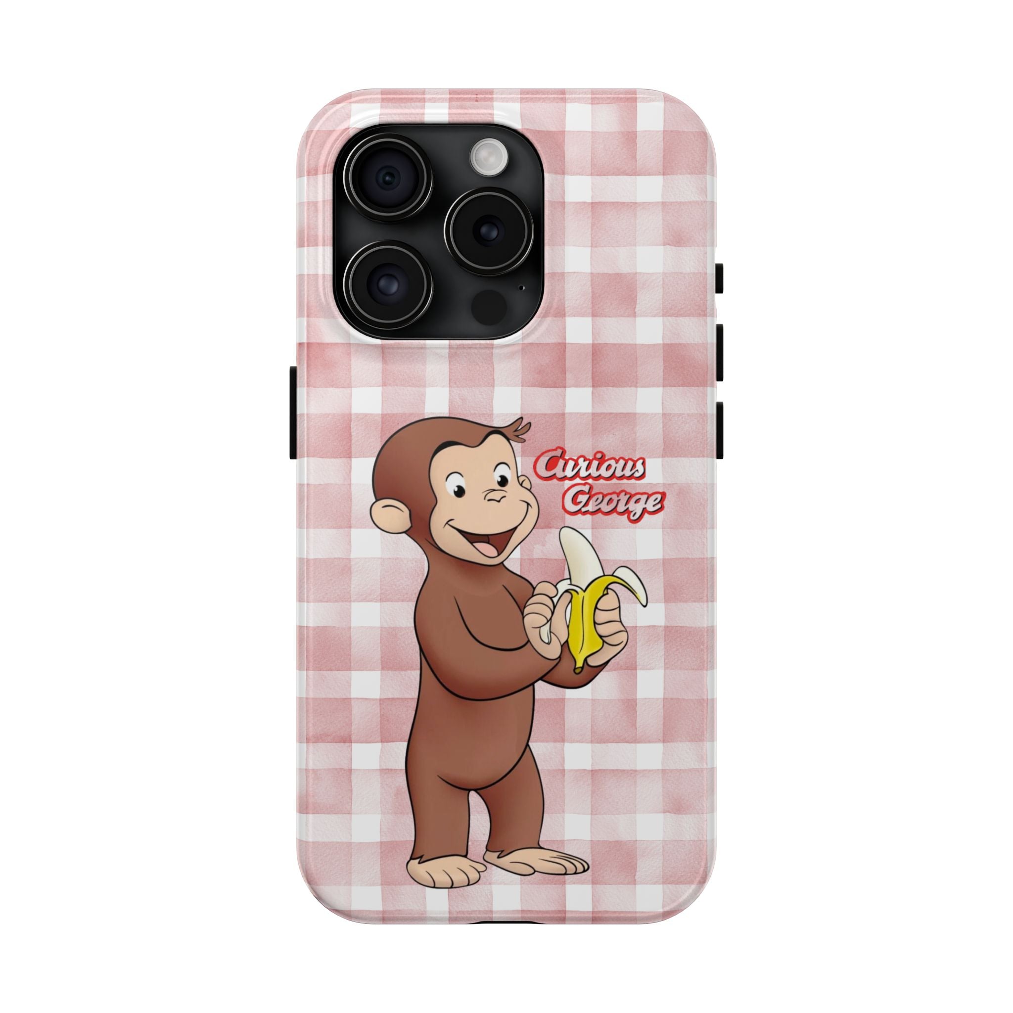 Curious George Banana Tough Phone Case — Cute Kids iPhone Cover, Pink Gingham Protective Case - Creations by Chris and Carlos