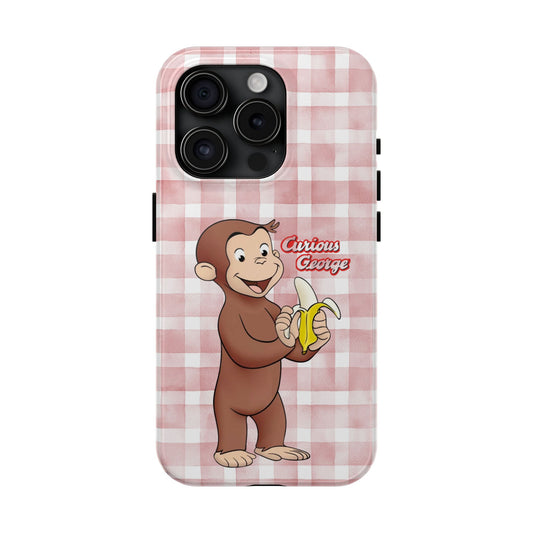 Curious George Banana Tough Phone Case — Cute Kids iPhone Cover, Pink Gingham Protective Case - Creations by Chris and Carlos