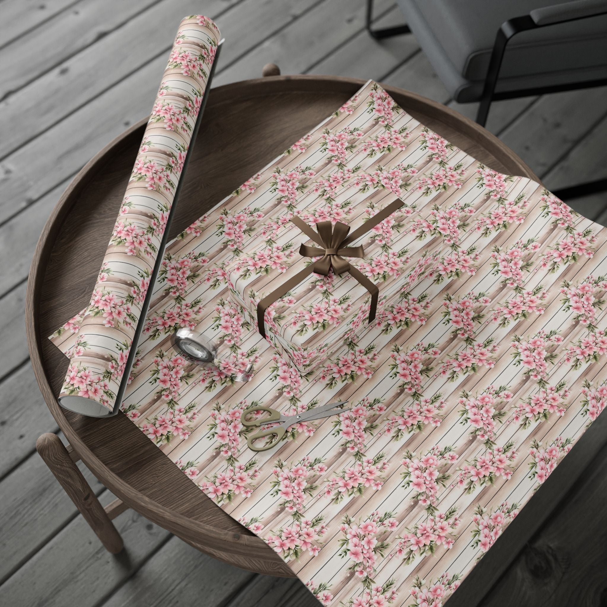 Easter Floral Woodgrain Wrapping Paper Roll — Pink Cherry Blossom Gift Wrap - Creations by Chris and Carlos