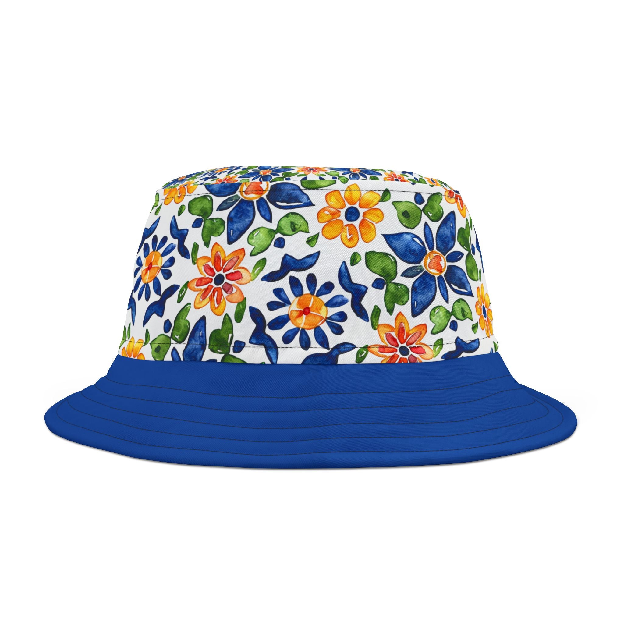 Sol y Alegría (Sun and Joy) Collection- Floral Tile Blue Bucket Hat — Mediterranean Mosaic Garden Print - Creations by Chris and Carlos