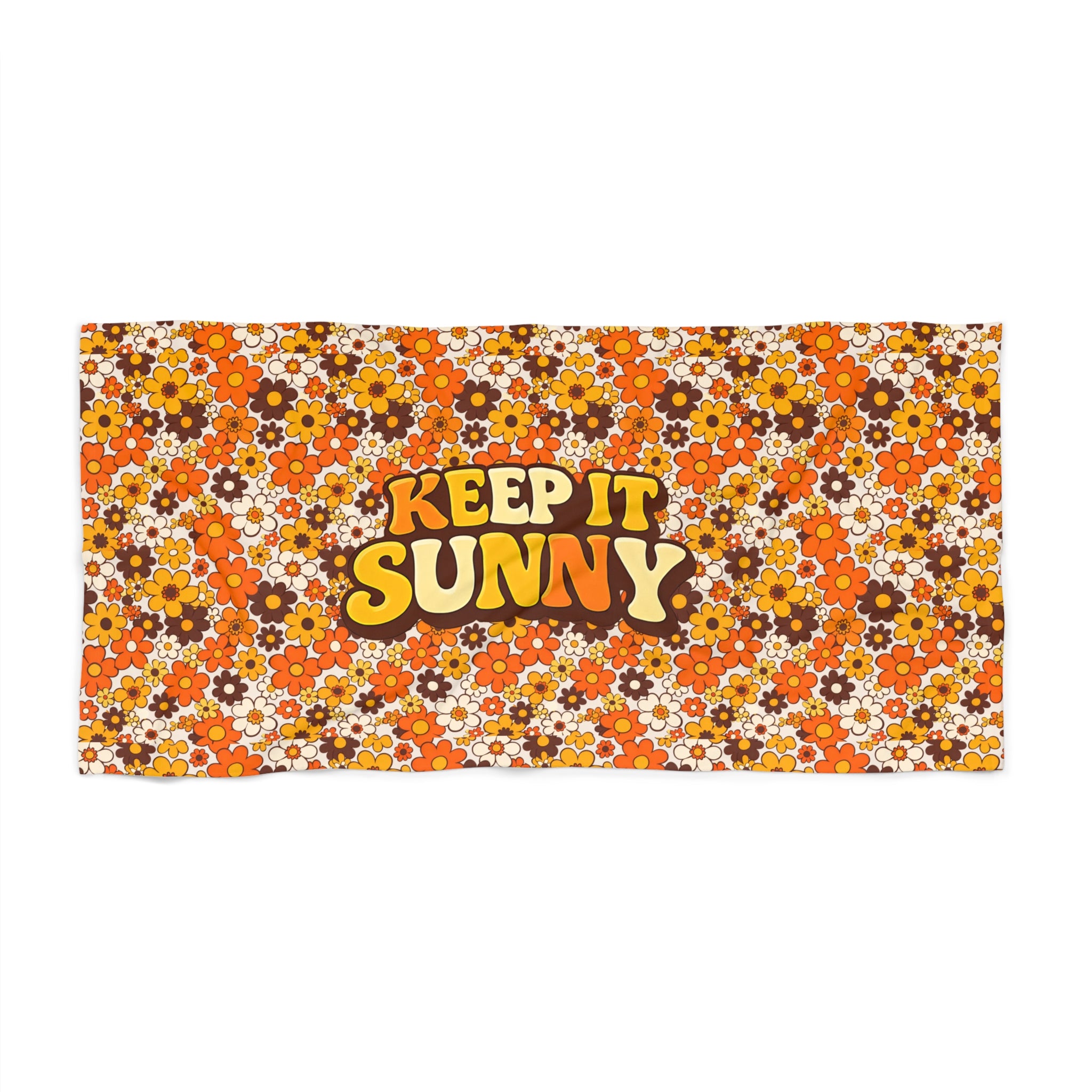 Keep It Sunny Floral Beach Towel — Retro 70s Orange Daisy Pattern - Creations by Chris and Carlos