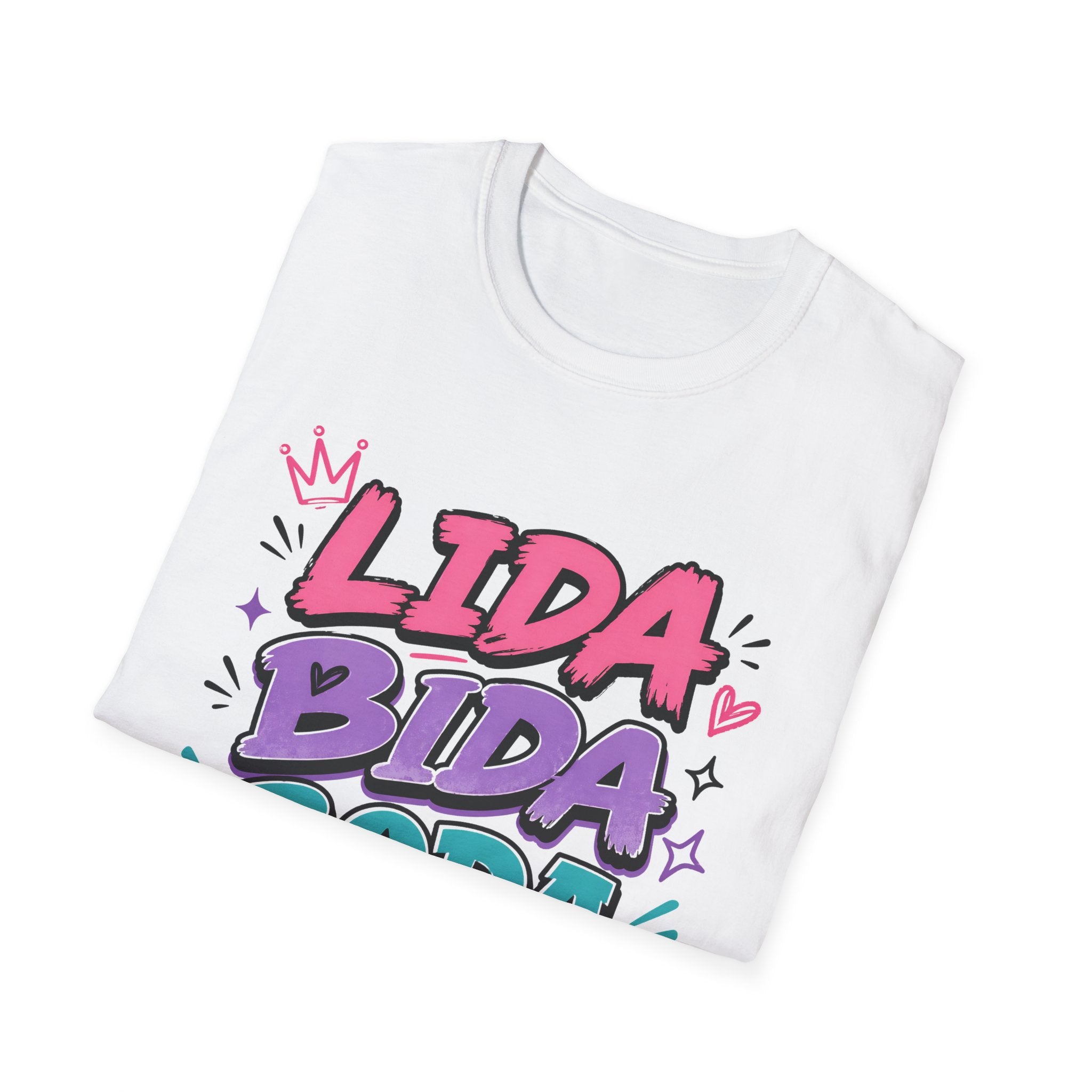 Lida Bida Boda Butt Graphic T-Shirt — TIK TOK FAMOUS Colorful Retro Bubble Letter Tee - Creations by Chris and Carlos