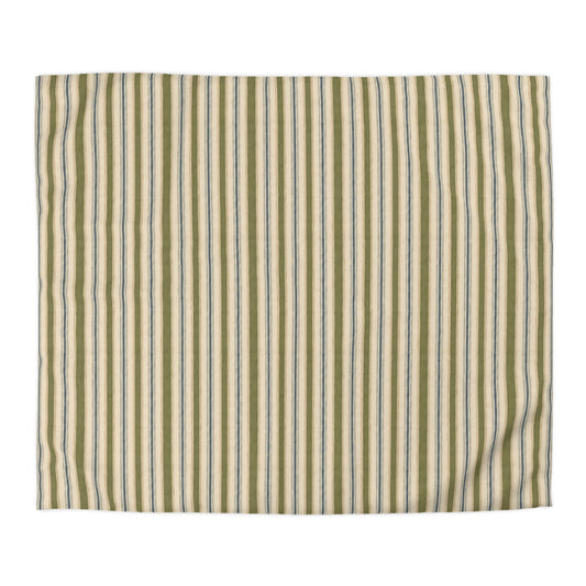 Striped Microfiber Duvet Cover — Soft Neutral Olive & Beige Vertical Stripe Bedding - Creations by Chris and Carlos