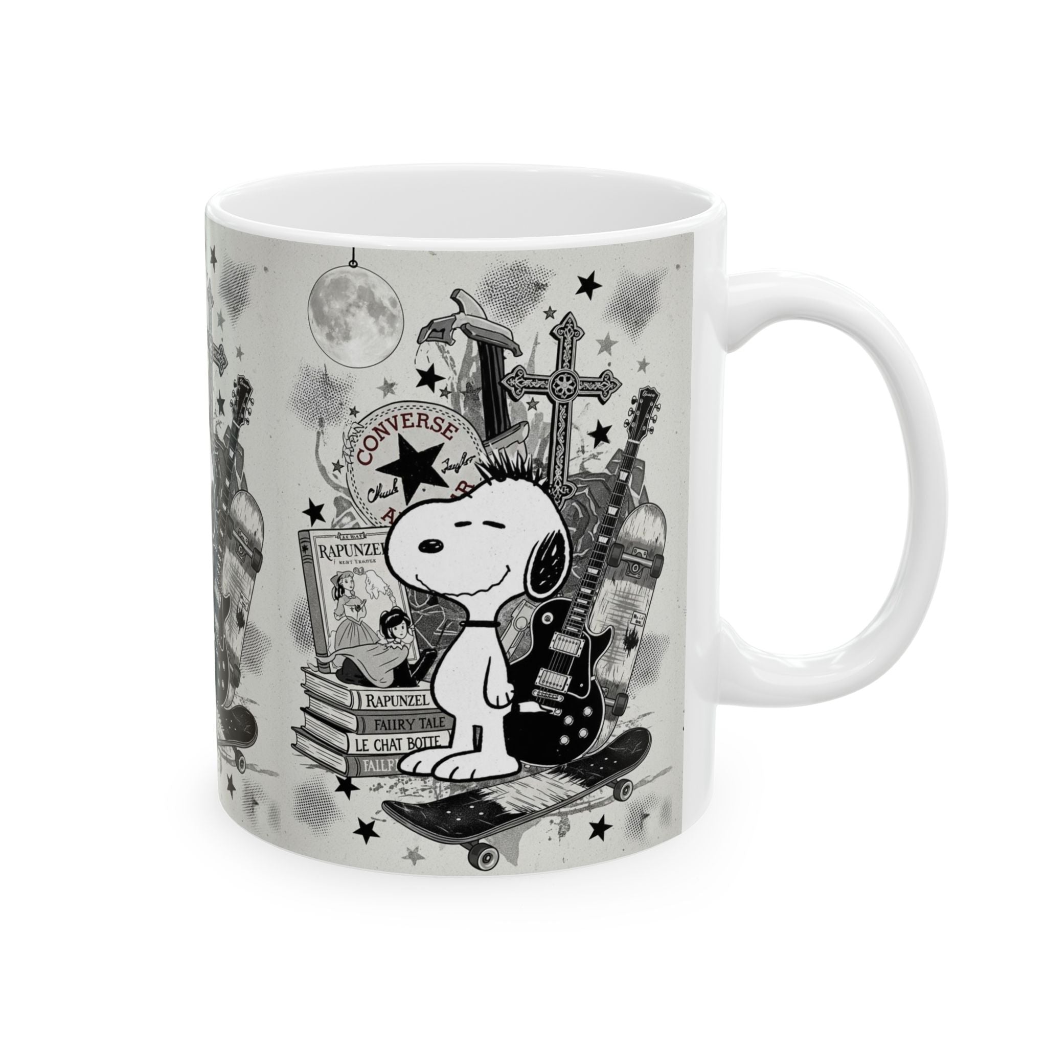 Snoopy Rocker Ceramic Mug – Vintage Skateboard & Guitar Coffee Cup (11oz/15oz) - Creations by Chris and Carlos