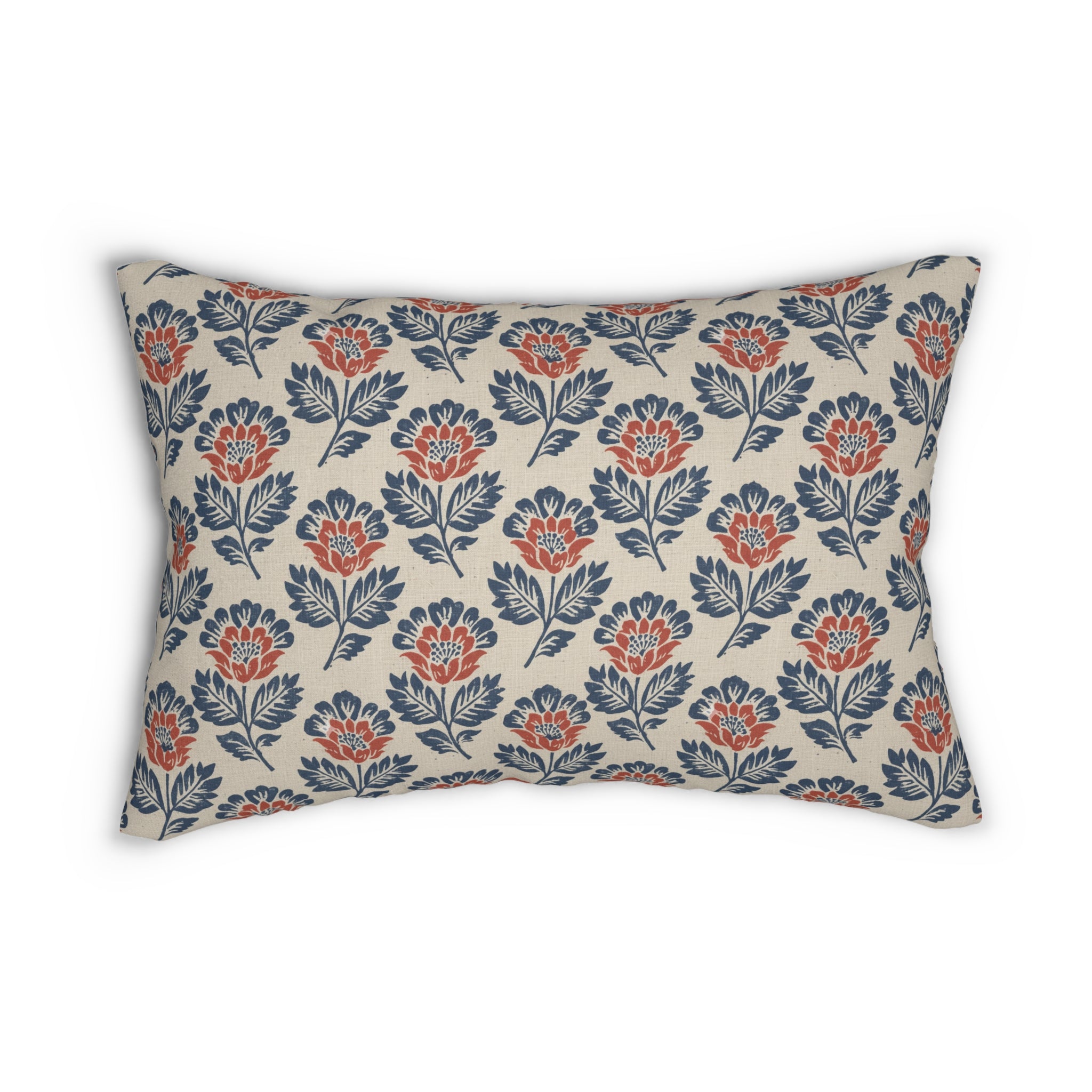 Plumstead Manor Floral Block-Print Lumbar Pillow — Rustic Coral & Navy Accent Cushion - Creations by Chris and Carlos