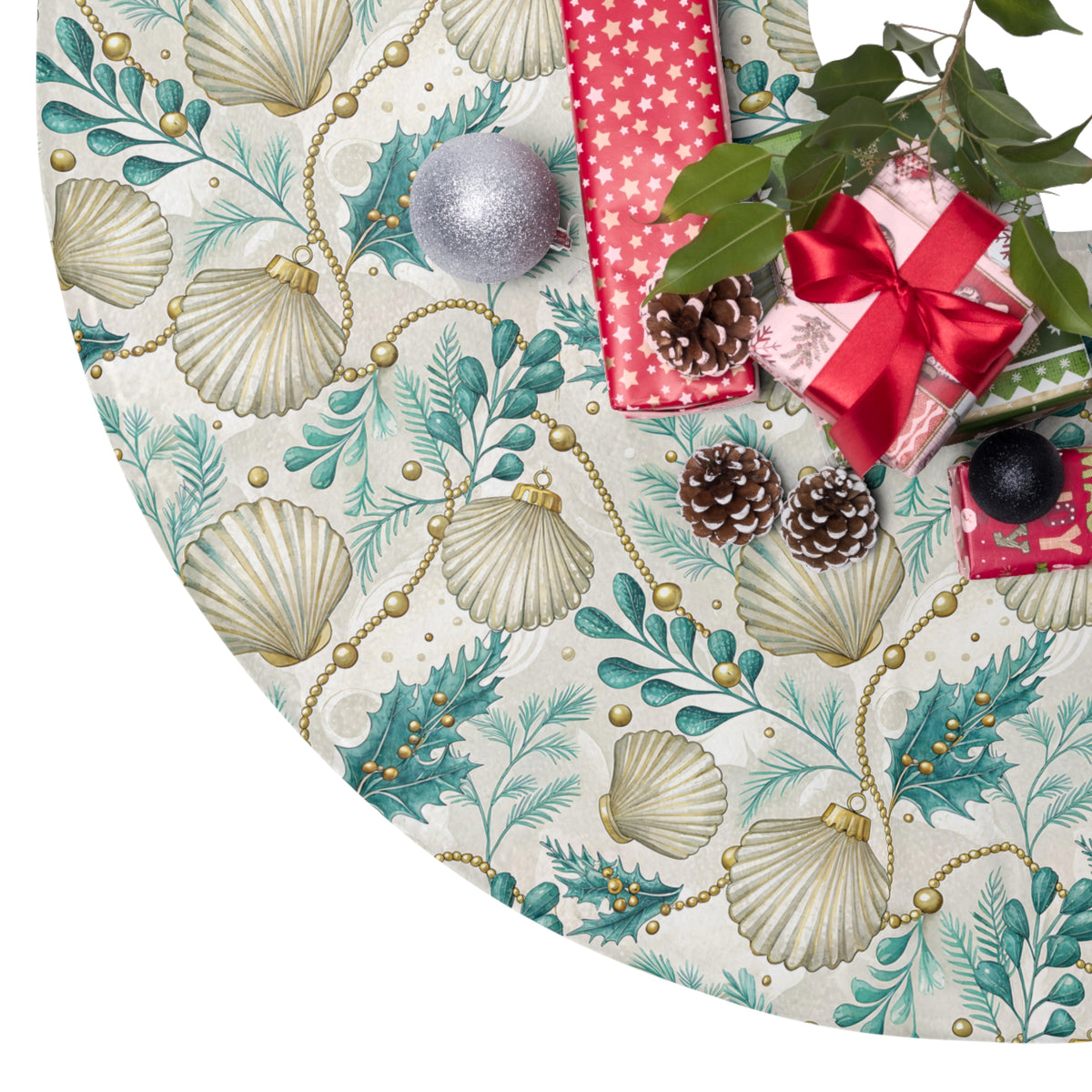 Tidings by the Sea- Coastal Christmas Tree Skirt | Nautical Holiday Decor | Shell Patterned Tree Cover | Festive Home Accent | Ideal for Beach Lovers
