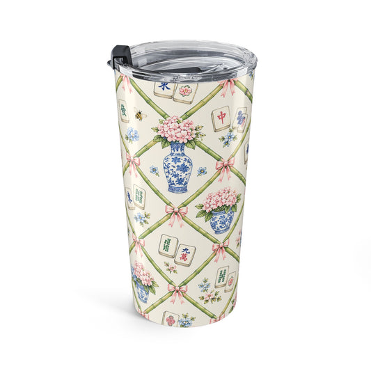 20oz Floral Chinoiserie Tumbler – Blue Ginger Jar & Mahjong Tile Pattern - Creations by Chris and Carlos