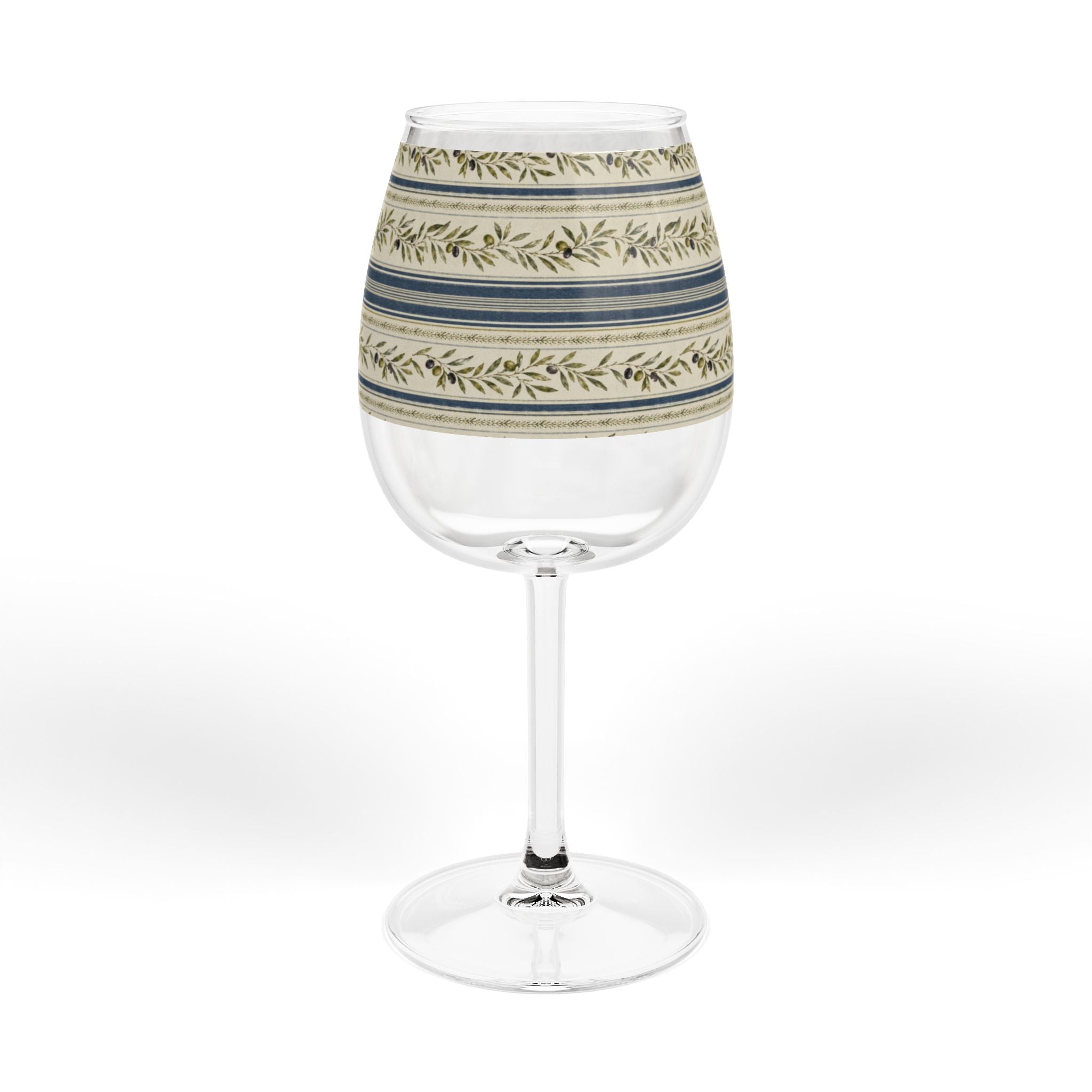 12oz Stemmed Wine Glass with Blue & Olive Laurel Stripe Pattern - Creations by Chris and Carlos