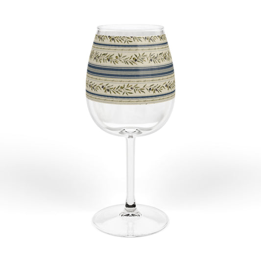 12oz Stemmed Wine Glass with Blue & Olive Laurel Stripe Pattern - Creations by Chris and Carlos