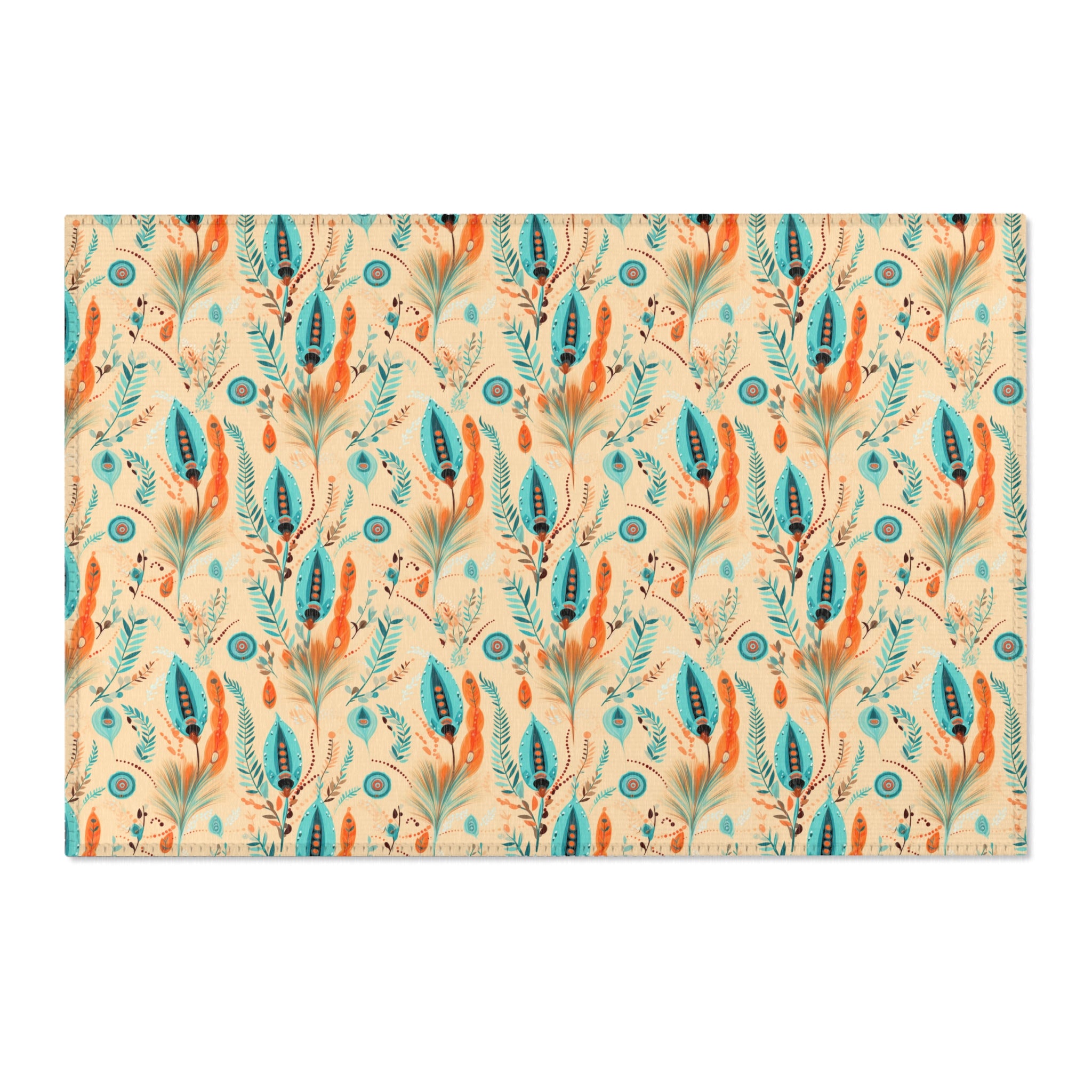 Sol y Alegría (Sun and Joy) Collection- Boho Feather Pattern Area Rug — Turquoise & Coral Accent Rug - Creations by Chris and Carlos
