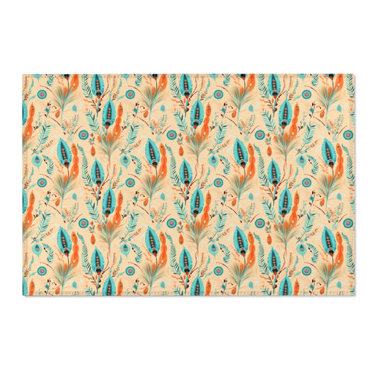 Sol y Alegría (Sun and Joy) Collection- Boho Feather Pattern Area Rug — Turquoise & Coral Accent Rug - Creations by Chris and Carlos