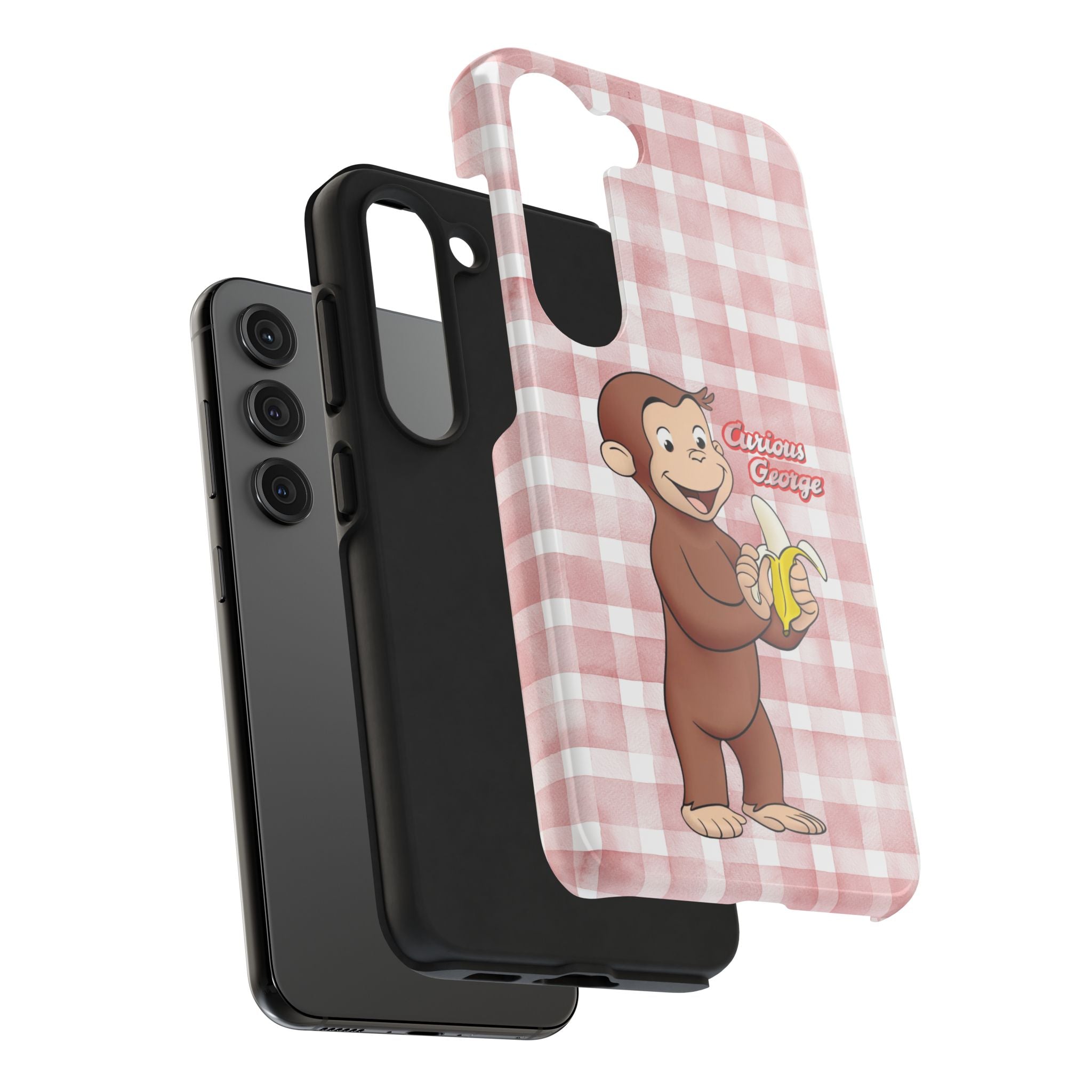 Curious George Banana Tough Phone Case — Cute Kids iPhone Cover, Pink Gingham Protective Case - Creations by Chris and Carlos