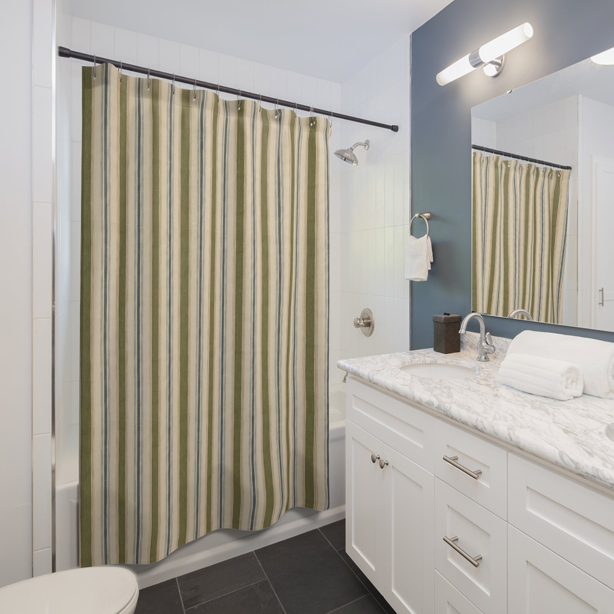 Striped Coastal Shower Curtain — Blue & Olive Vertical Stripe Bathroom Decor - Creations by Chris and Carlos
