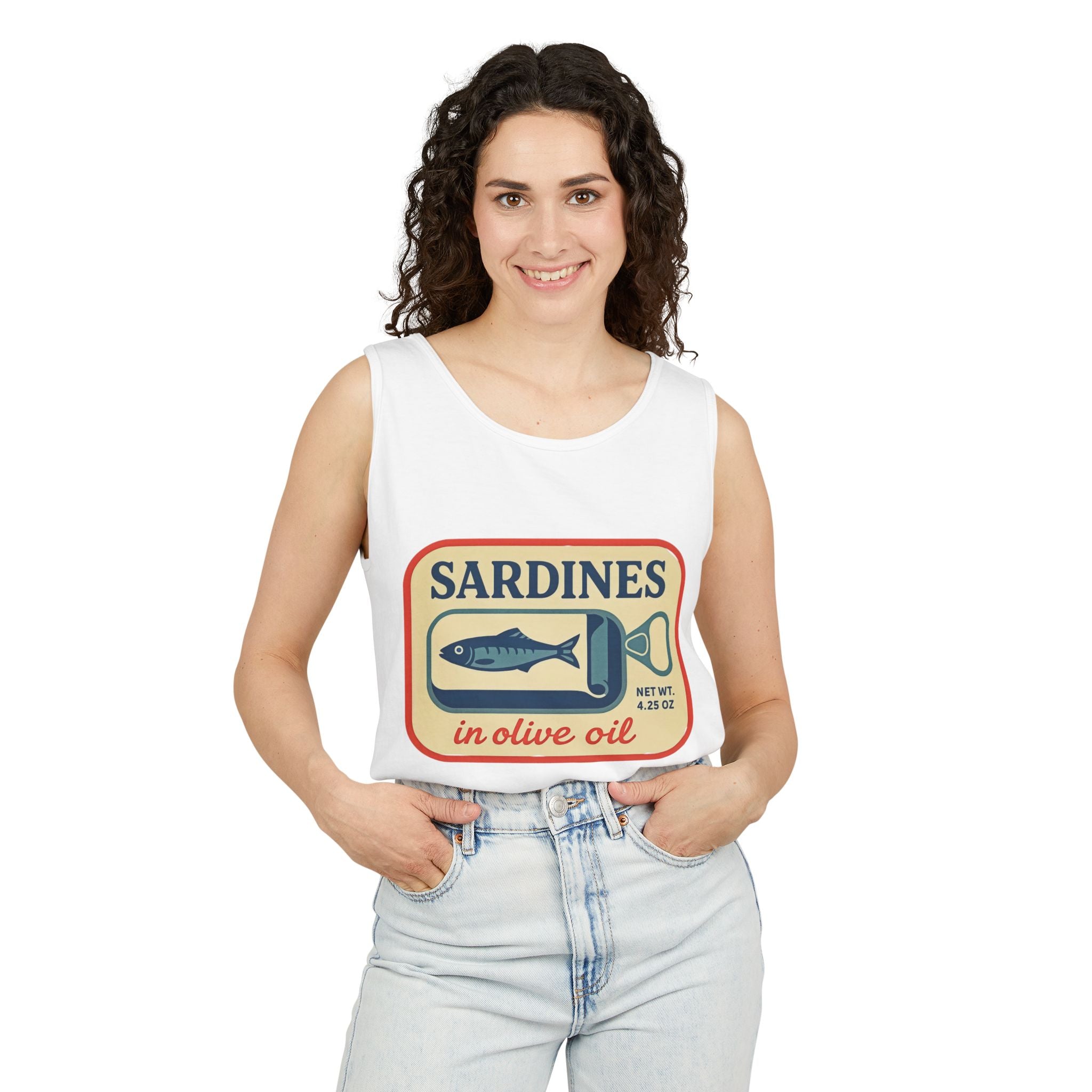 Sardines in Olive Oil Tank Top — Retro Seafood Can Graphic - Creations by Chris and Carlos