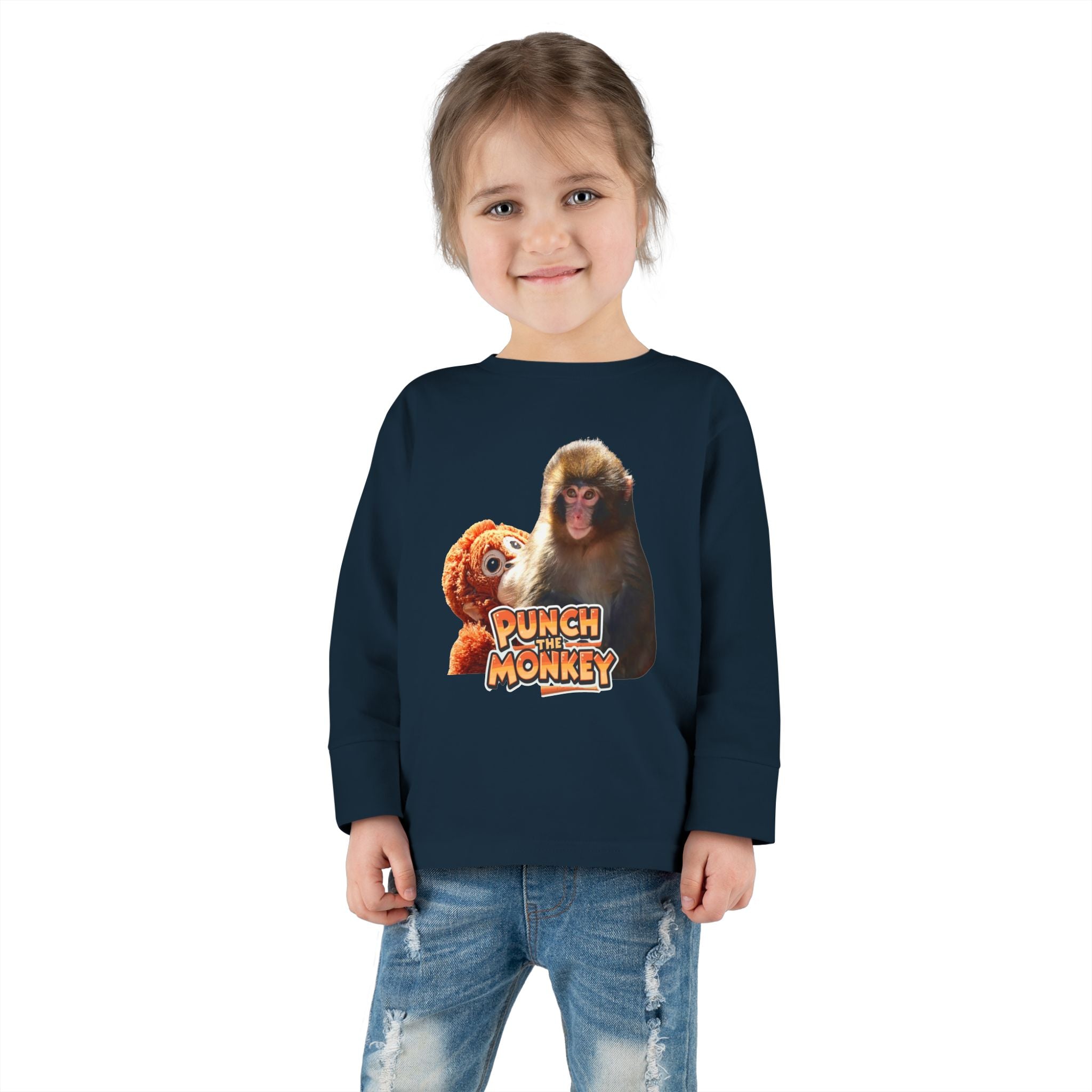 Punch Monkey Toddler Long Sleeve Tee Cute Monkey & Plush Character Shirt for Kids - Creations by Chris and Carlos