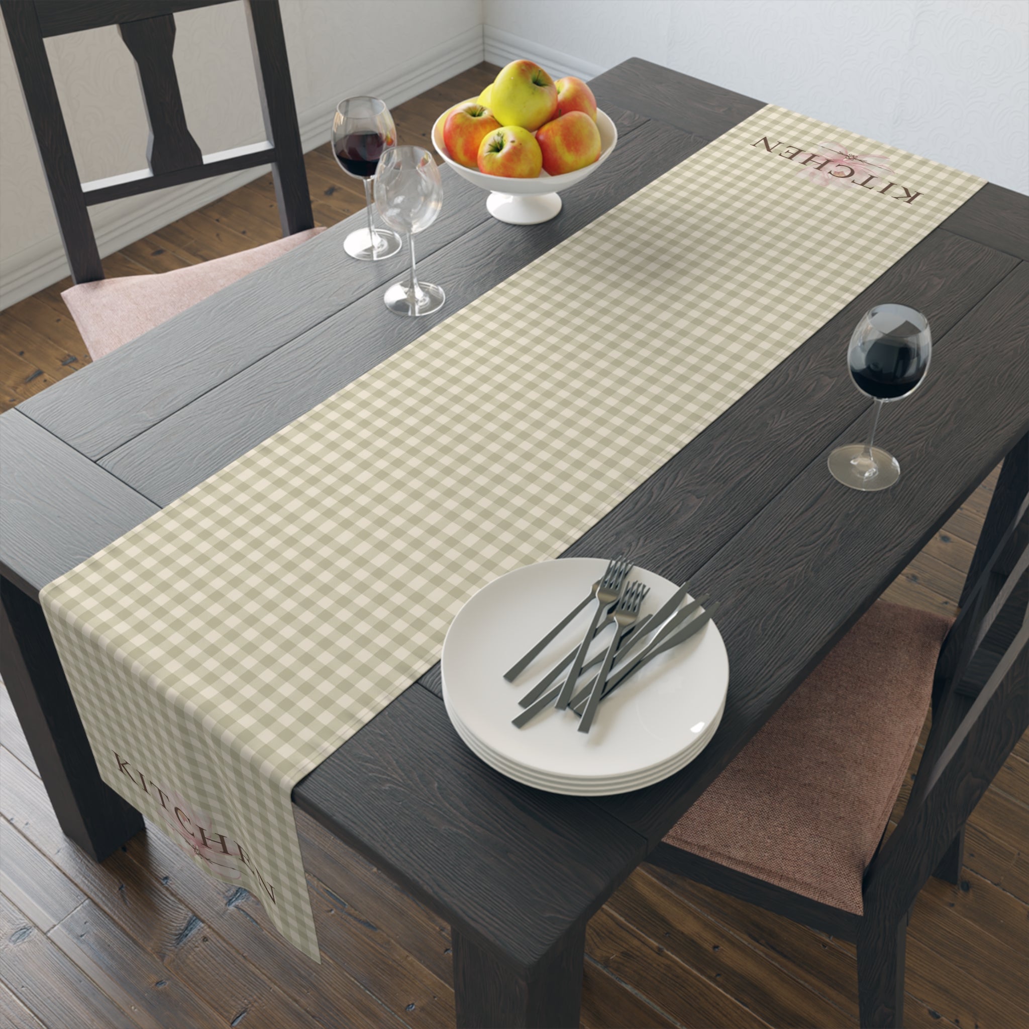 Farmhouse Gingham Table Runner — "Kitchen" Cotton-Blend Decor - Creations by Chris and Carlos