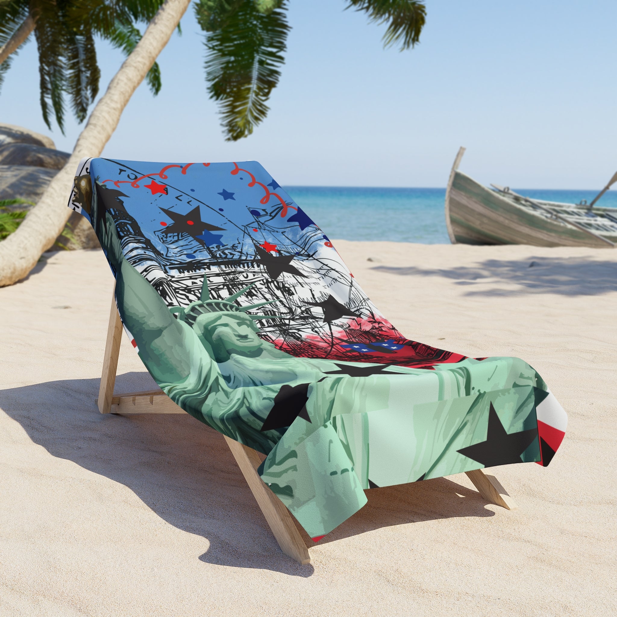 Statue of Liberty Stars Beach Towel — Patriotic Red White Blue Graphic Beach Towel - Creations by Chris and Carlos