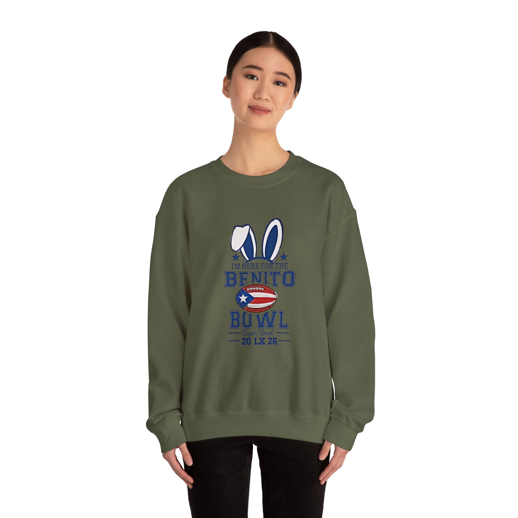 Benito Bowl Crewneck Sweatshirt – Patriotic Football Bunny Design - Creations by Chris and Carlos