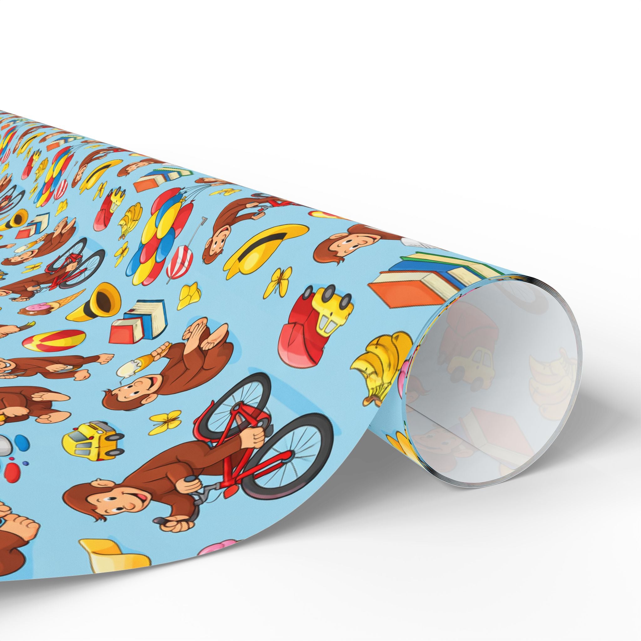 Wrapping Paper Roll — Playful Curious George Monkey Pattern Gift Wrap (Blue) - Creations by Chris and Carlos
