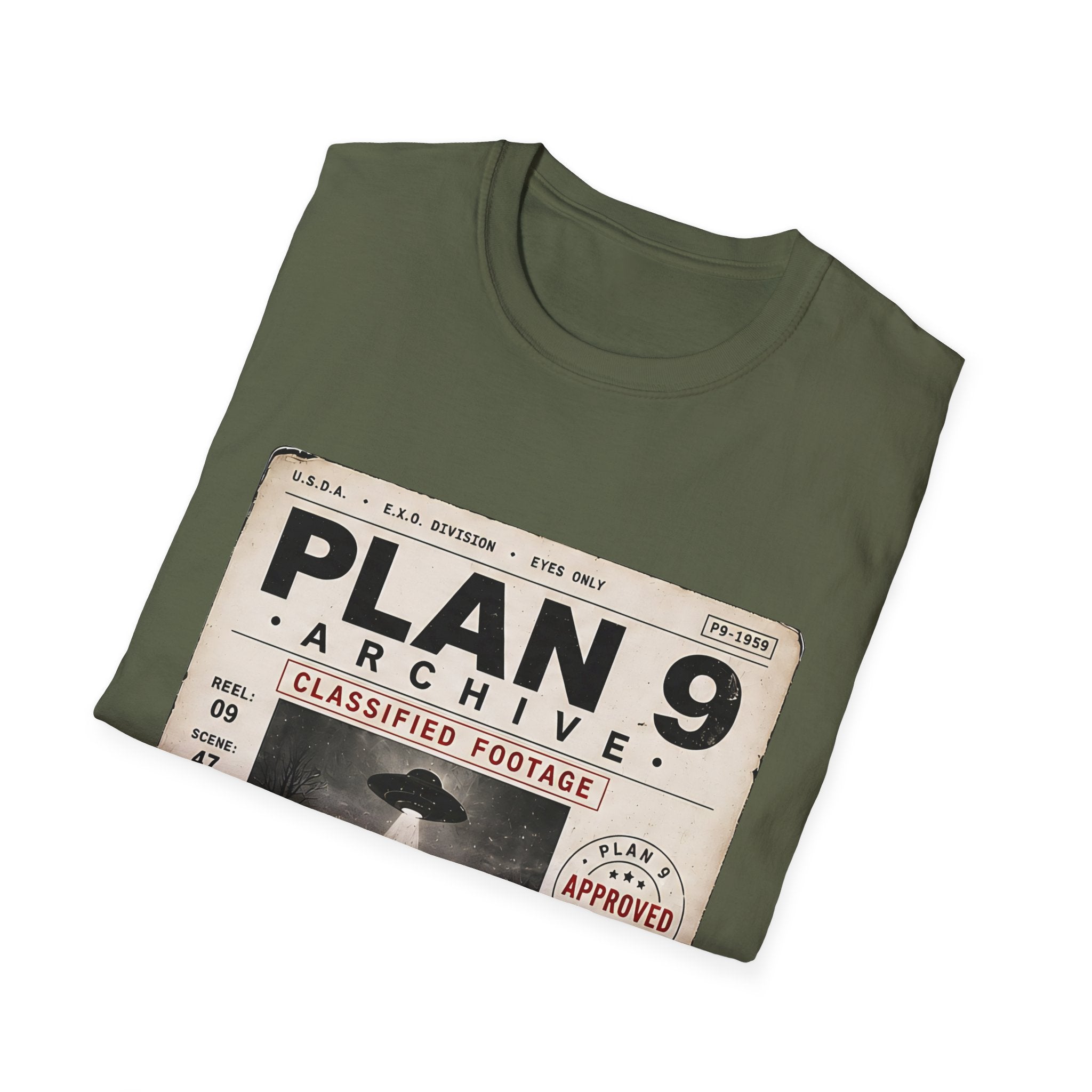 Plan 9 Archive UFO T-Shirt — Retro 'Classified Footage' Alien Badge Tee - Creations by Chris and Carlos