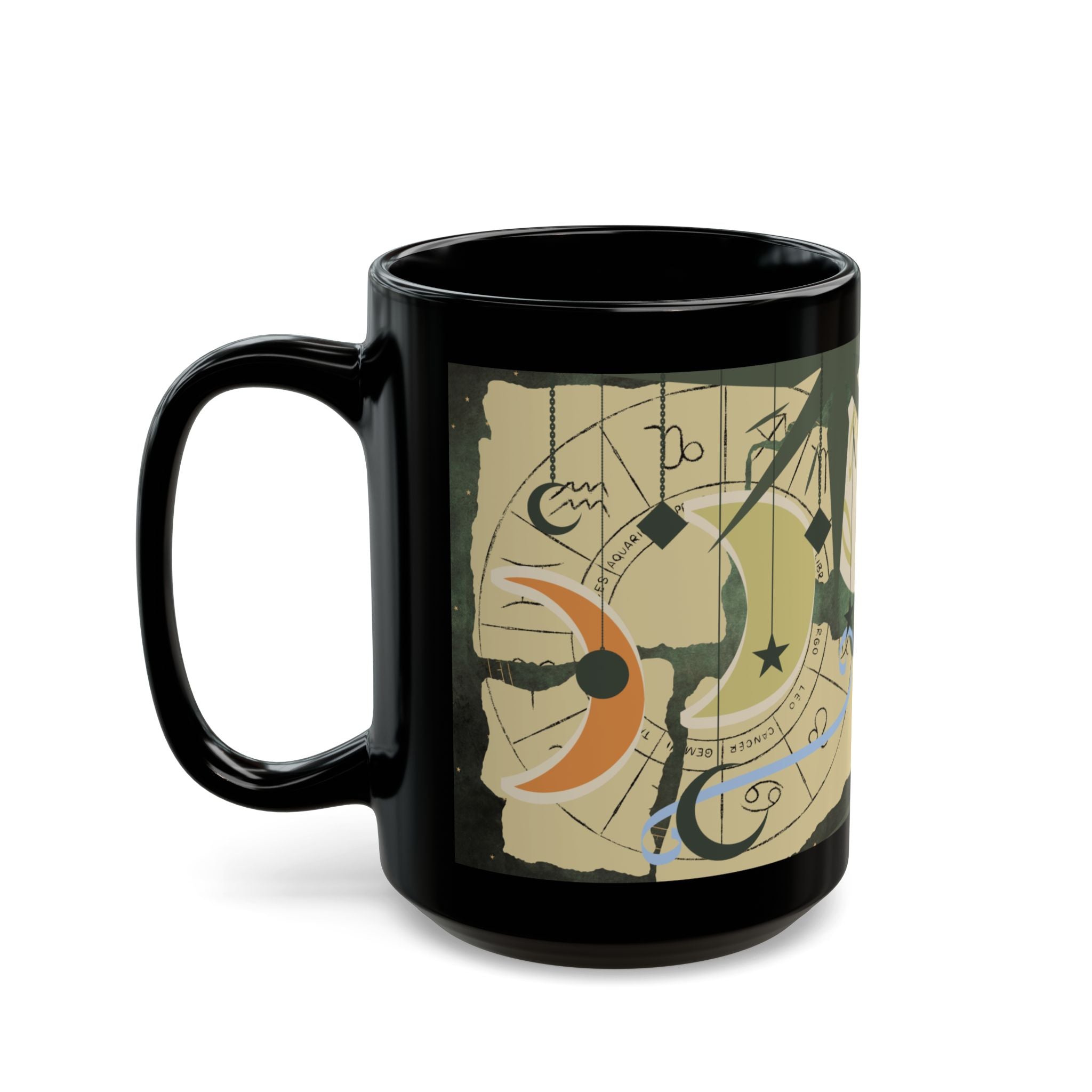 Astrology Moon Phase Mug — Zodiac Symbols & Crescent Moon Black Coffee Cup - Creations by Chris and Carlos