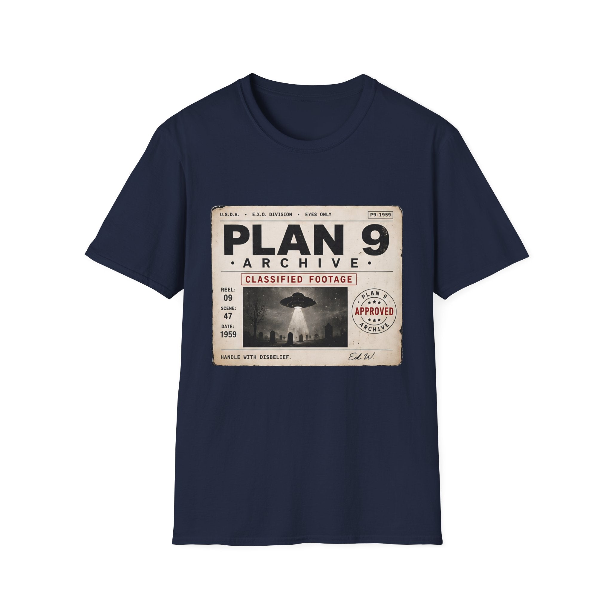 Plan 9 Archive UFO T-Shirt — Retro 'Classified Footage' Alien Badge Tee - Creations by Chris and Carlos