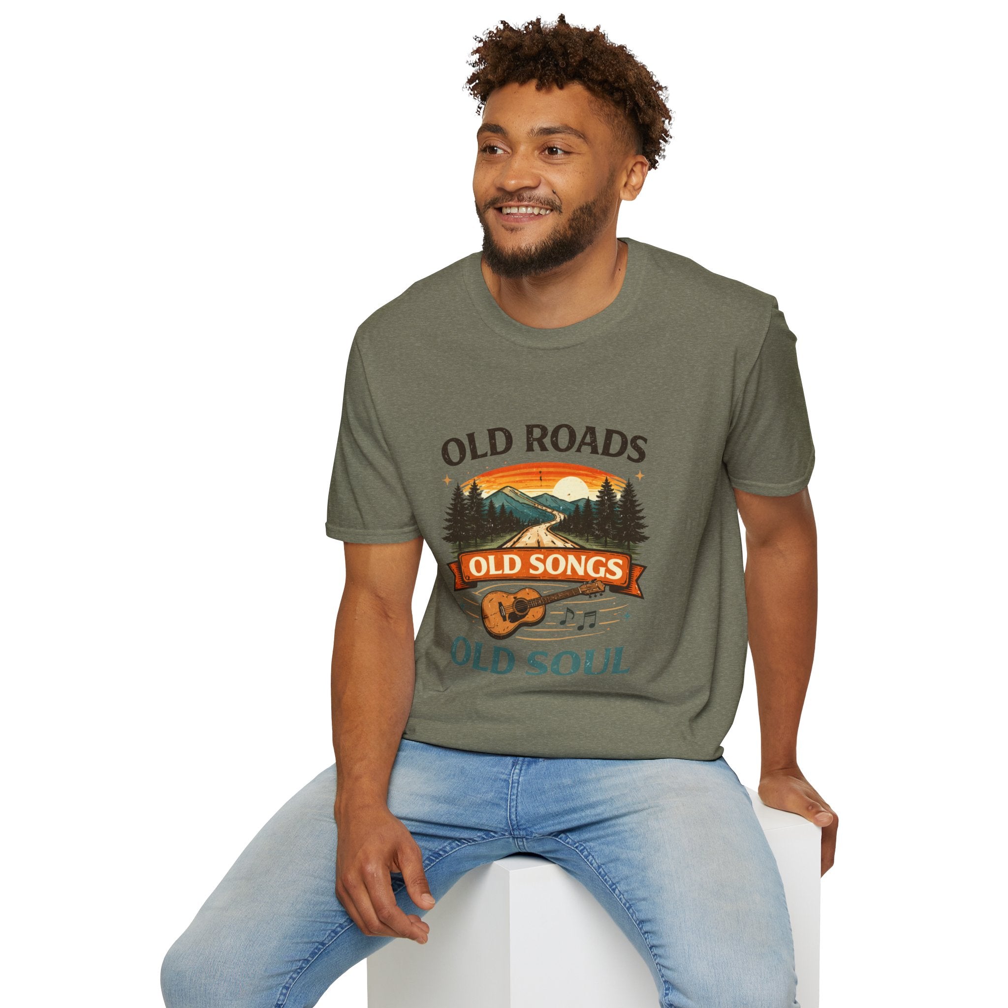 Old Roads Old Songs Old Soul T-Shirt – Vintage Guitar & Mountain Graphic - Creations by Chris and Carlos