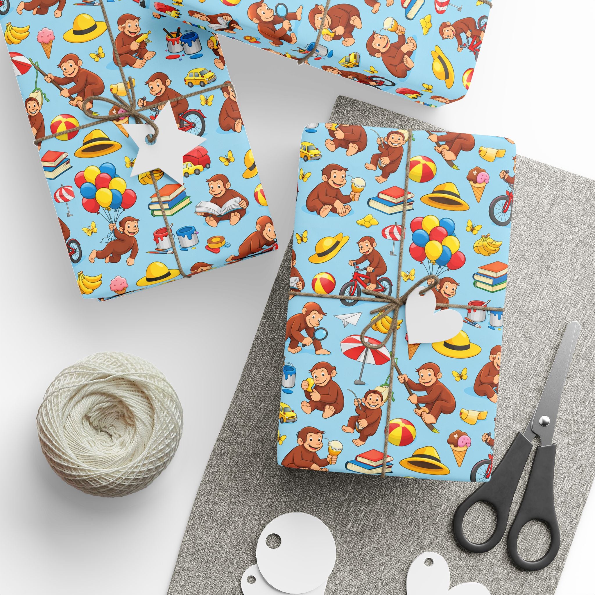 Wrapping Paper Roll — Playful Curious George Monkey Pattern Gift Wrap (Blue) - Creations by Chris and Carlos