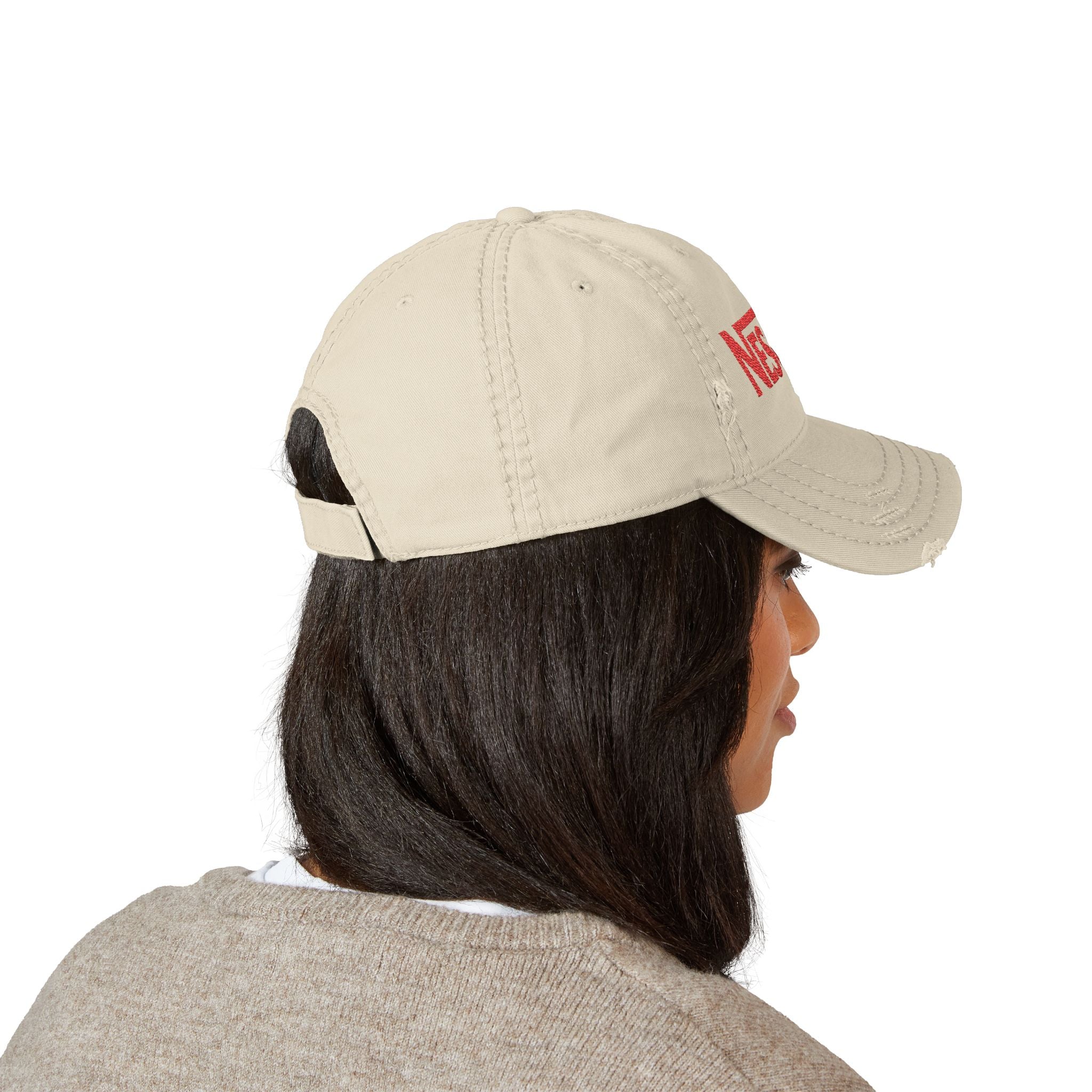 Nescafe Dad Hat — Distressed Embroidered Nescafé Logo - Creations by Chris and Carlos