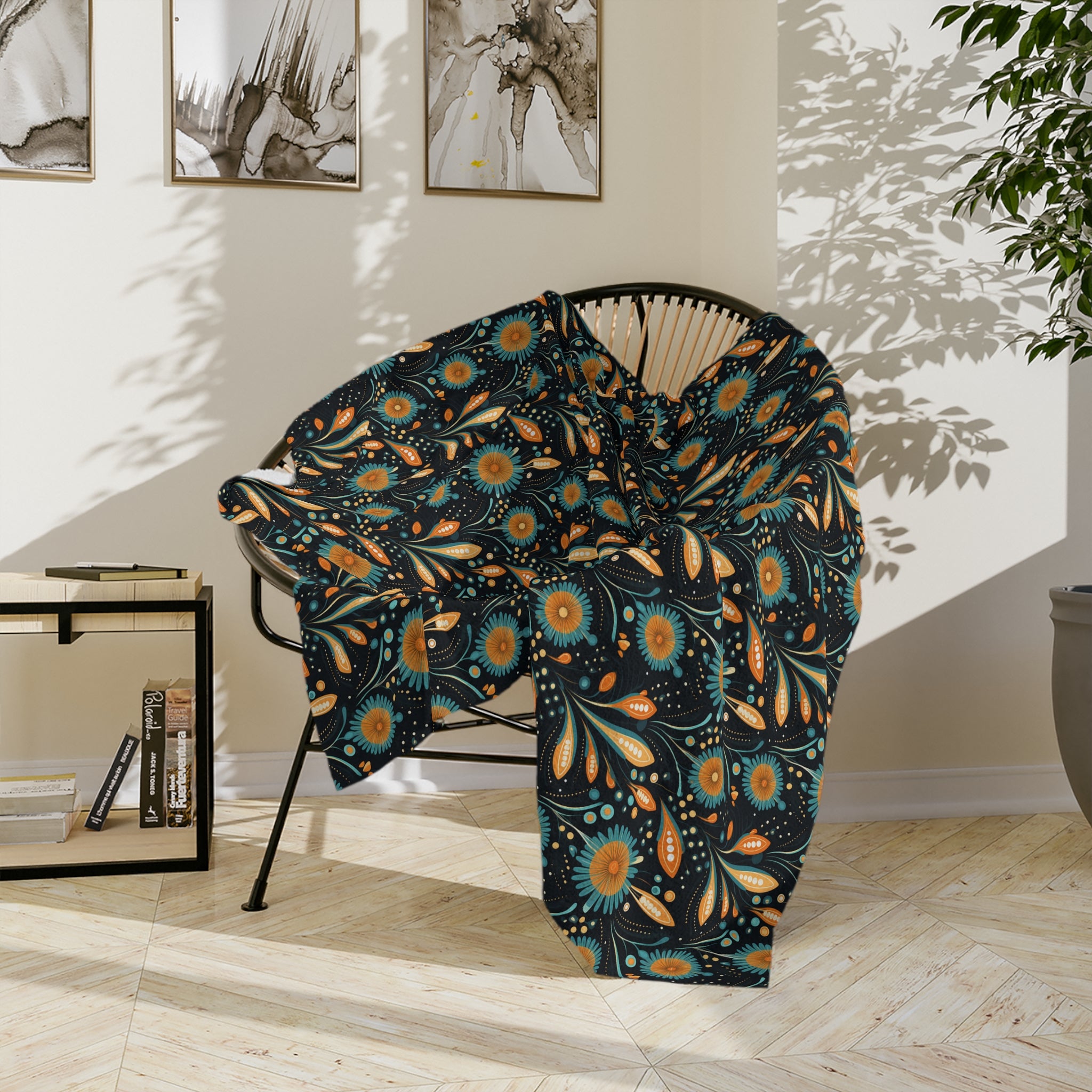 Sol y Alegría (Sun and Joy) Collection-Floral Velvet Throw Blanket Teal & Gold Microfiber Pattern - Creations by Chris and Carlos
