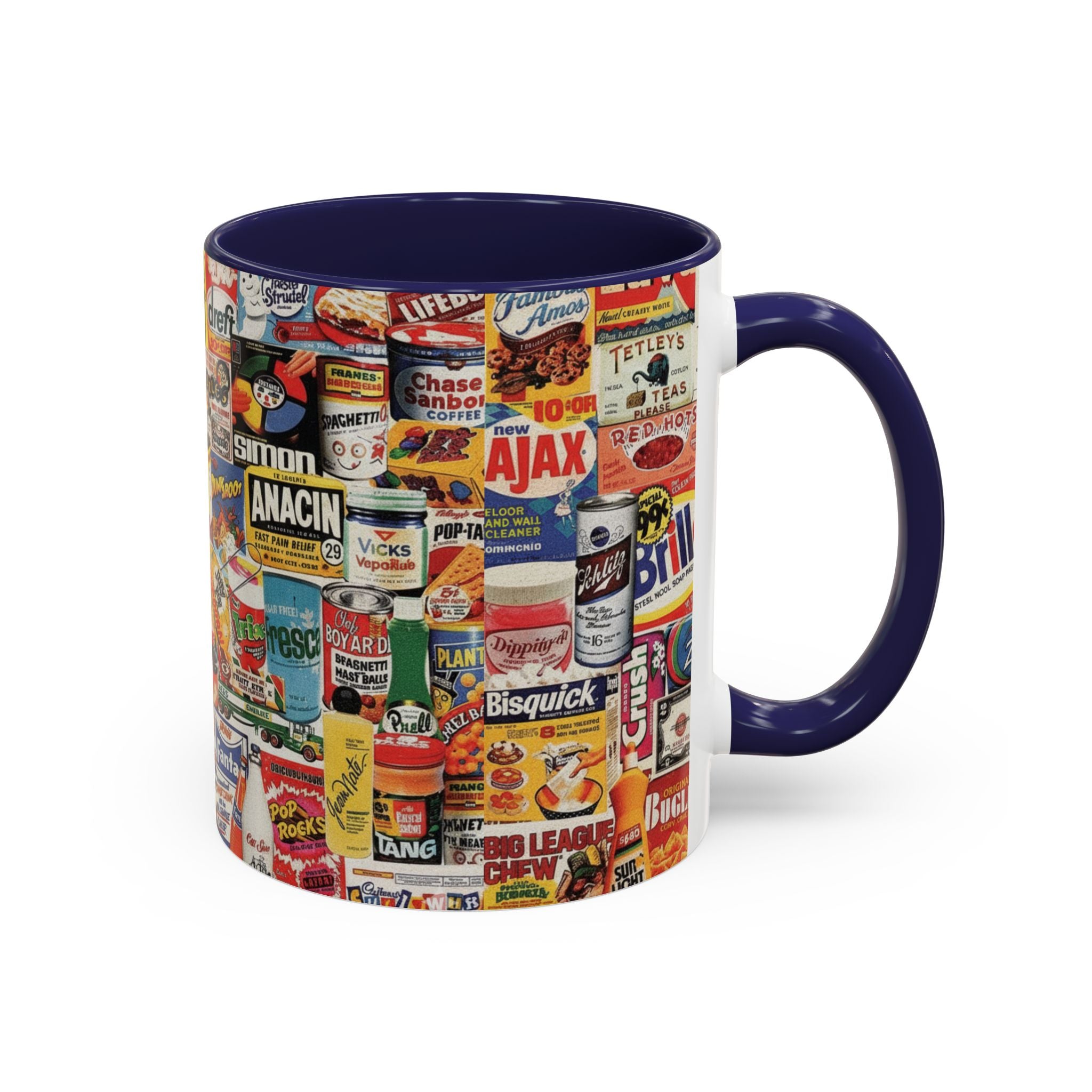 Vintage Retro Ads Coffee Mug — Collage of Classic Brand Labels (11/15oz Accent Mug) - Creations by Chris and Carlos