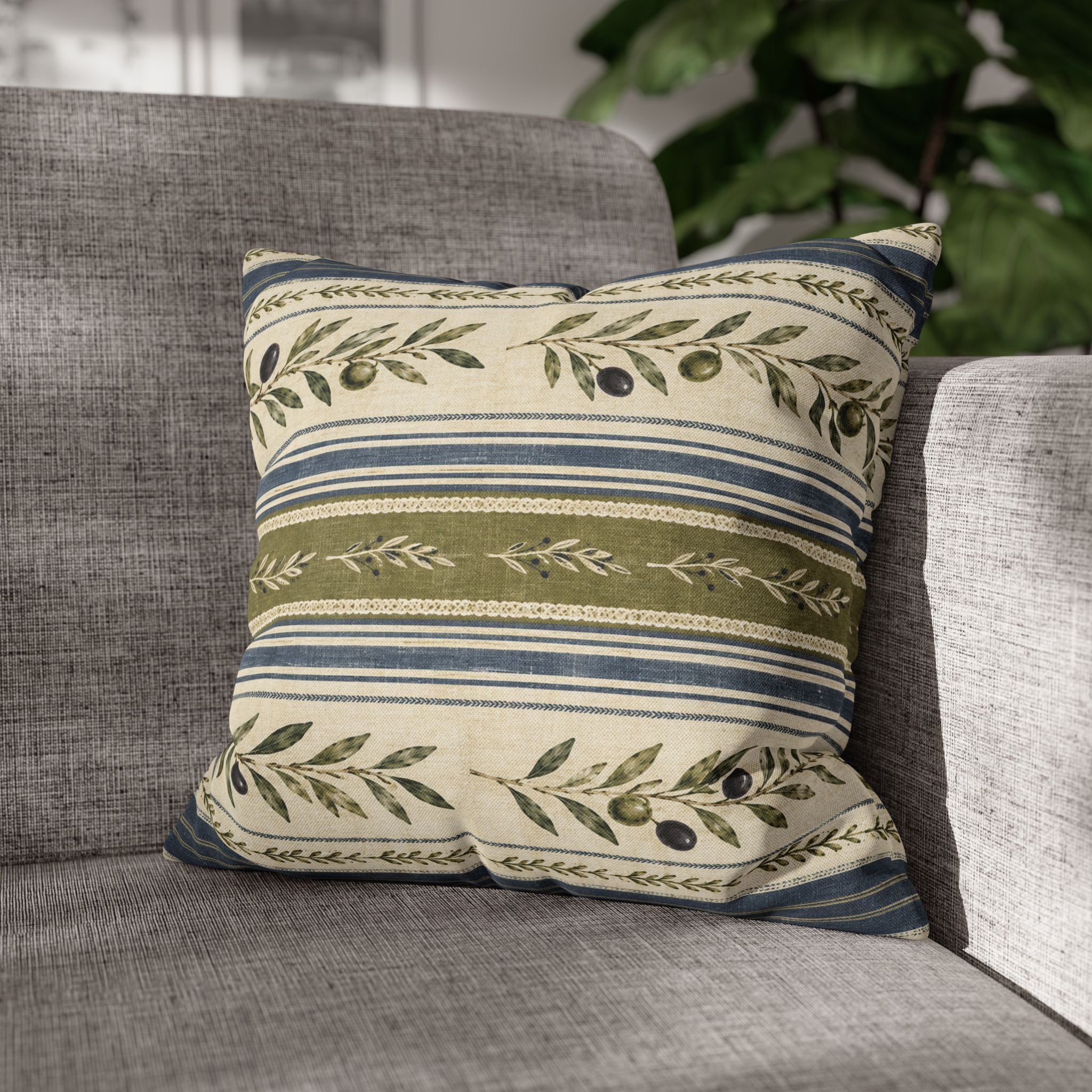 Olive & Navy Olive Branch Striped Throw Pillowcase - Creations by Chris and Carlos