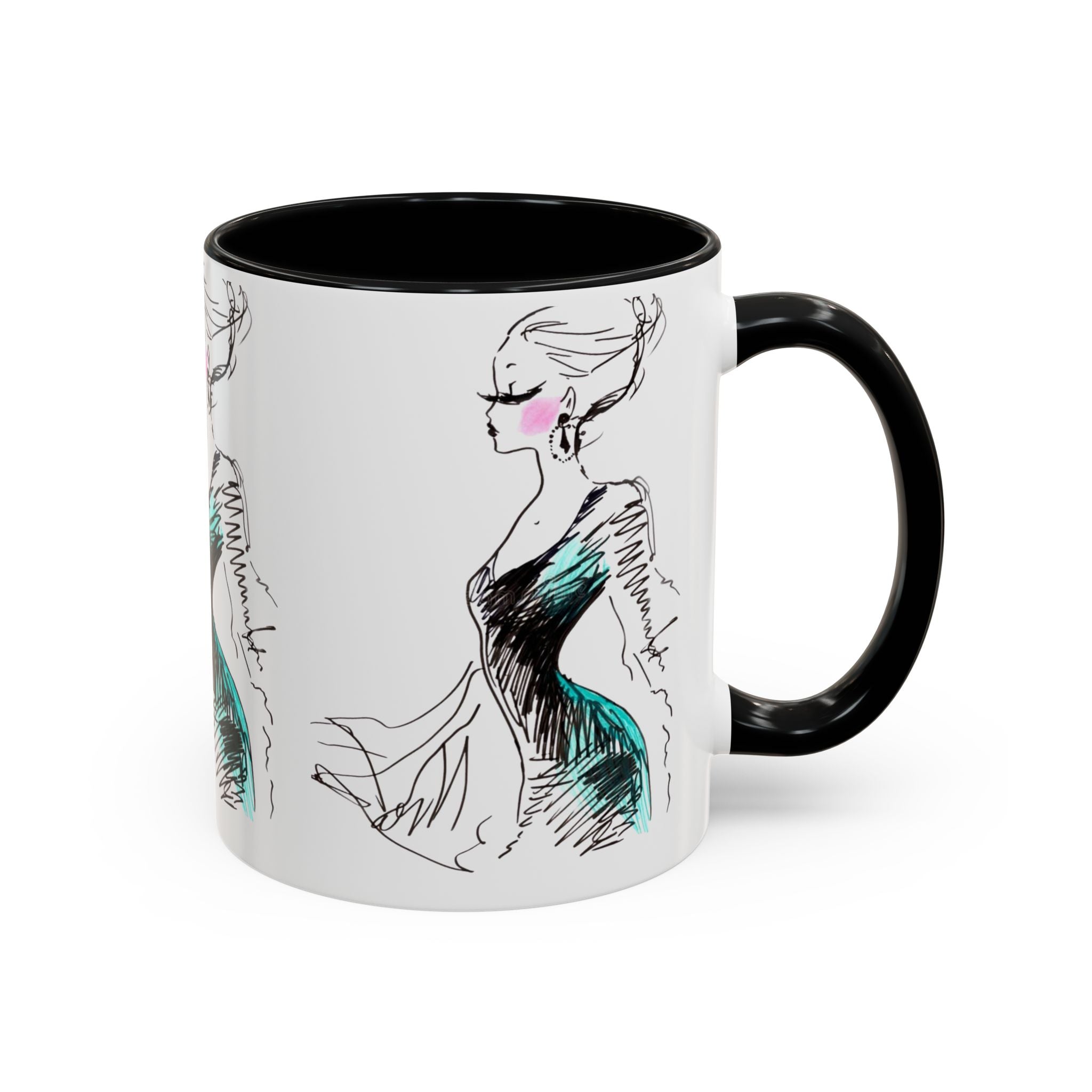 Fashion Sketch Accent Coffee Mug — Chic Hand-Drawn Dress Illustration (11/15 oz) - Creations by Chris and Carlos