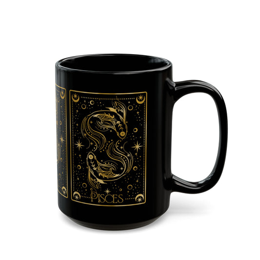 Pisces Zodiac Black Mug — Gold Astrological Fish Coffee Cup (11oz, 15oz) - Creations by Chris and Carlos