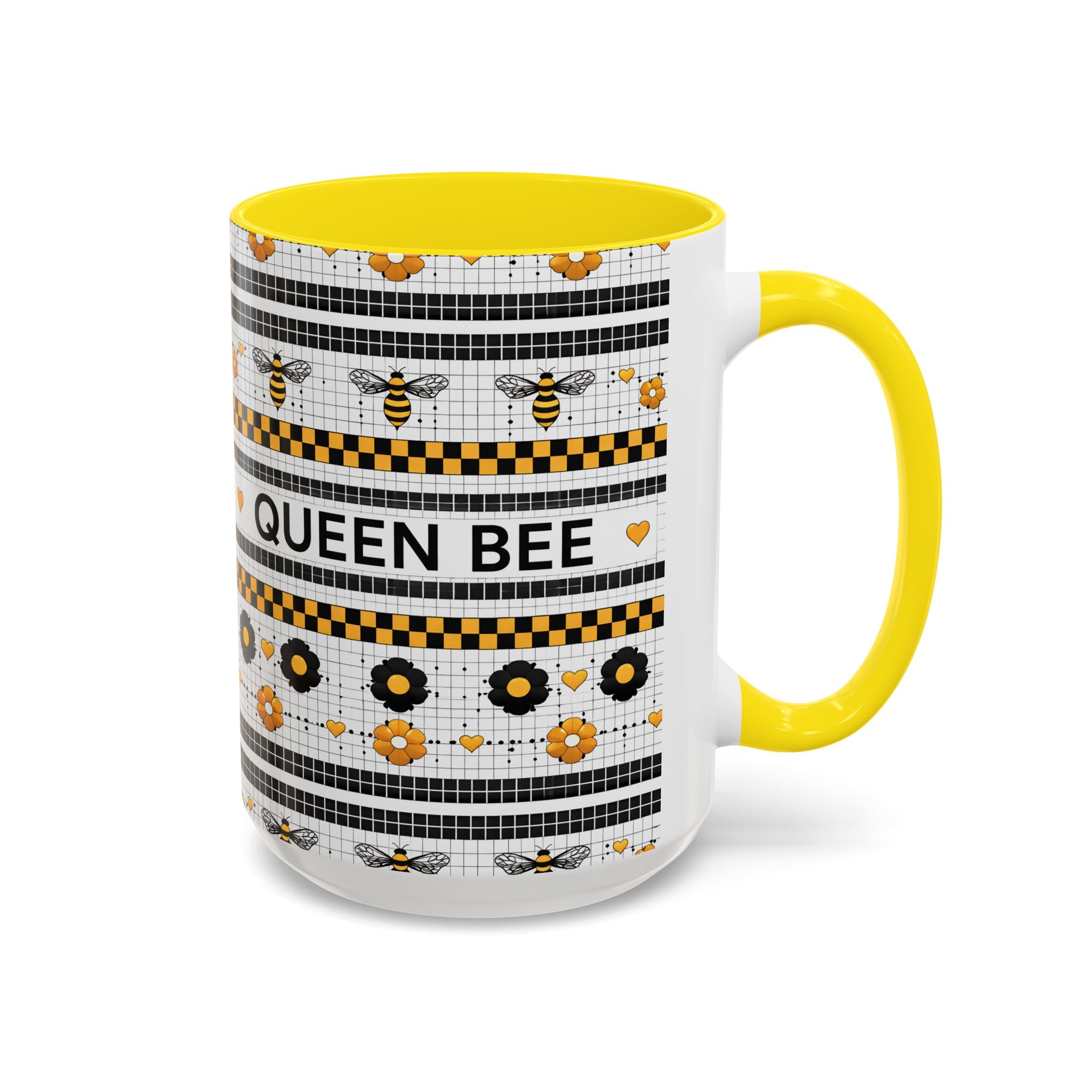 Queen Bee Coffee Mug — Black & Yellow Floral Accent Mug (11/15oz) - Creations by Chris and Carlos
