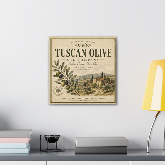 Tuscan Olive Canvas Wall Art - "Tuscan Olive Oil Company" Vintage Kitchen Sign - Creations by Chris and Carlos