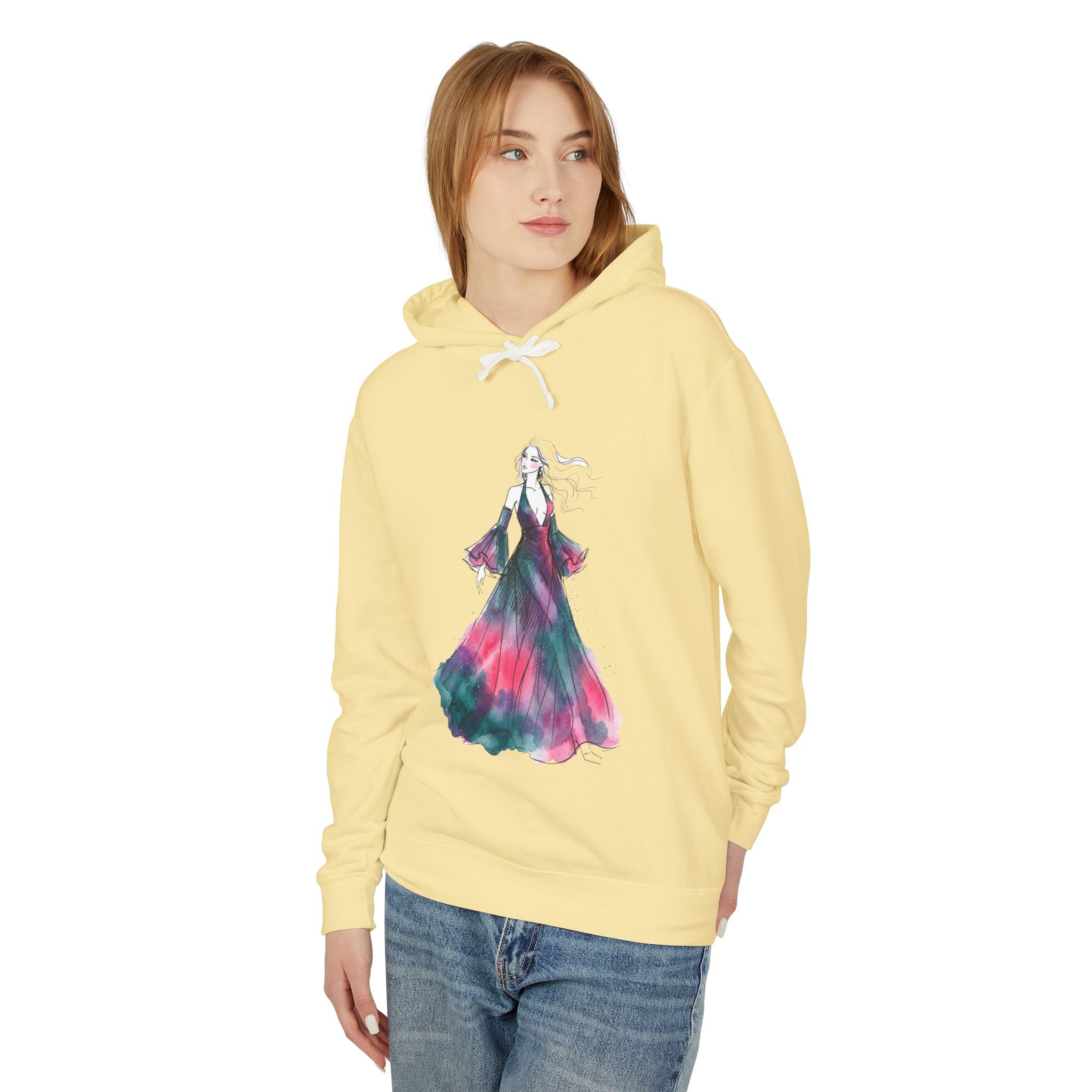 Watercolor Evening Gown Hoodie — Elegant Fashion Illustration Sweatshirt - Creations by Chris and Carlos