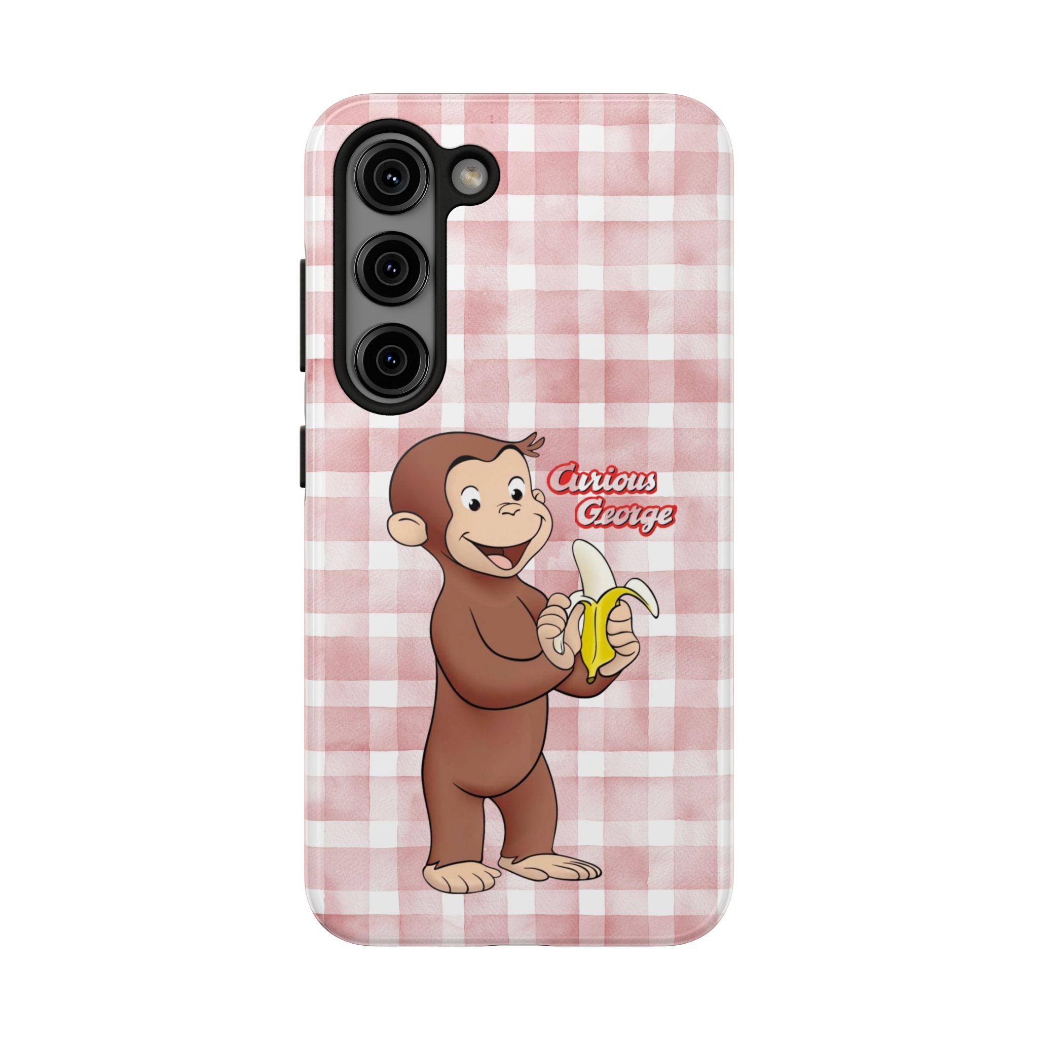 Curious George Banana Tough Phone Case — Cute Kids iPhone Cover, Pink Gingham Protective Case - Creations by Chris and Carlos