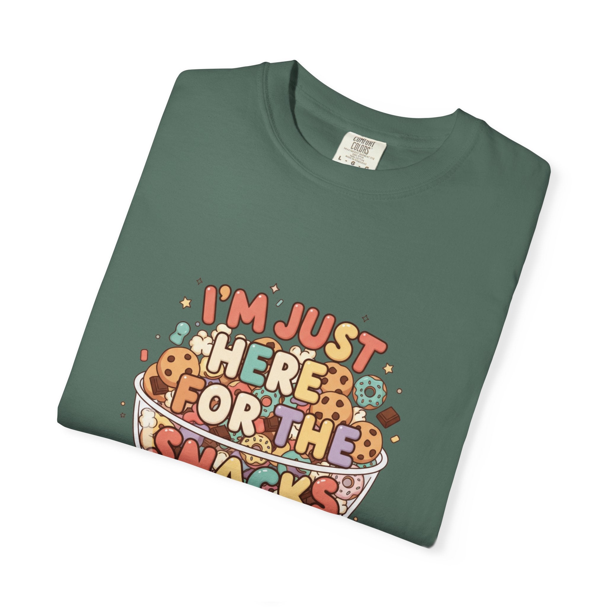 T-Shirt — "I'm Just Here for the Snacks" Funny Retro Graphic Tee - Creations by Chris and Carlos
