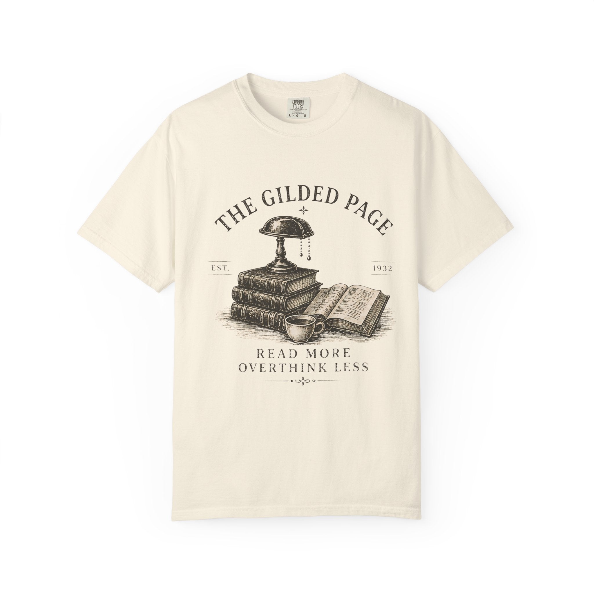 Vintage Book Lovers T‑Shirt — “The Gilded Page: Read More, Overthink Less” - Creations by Chris and Carlos