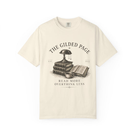 Vintage Book Lovers T‑Shirt — “The Gilded Page: Read More, Overthink Less” - Creations by Chris and Carlos