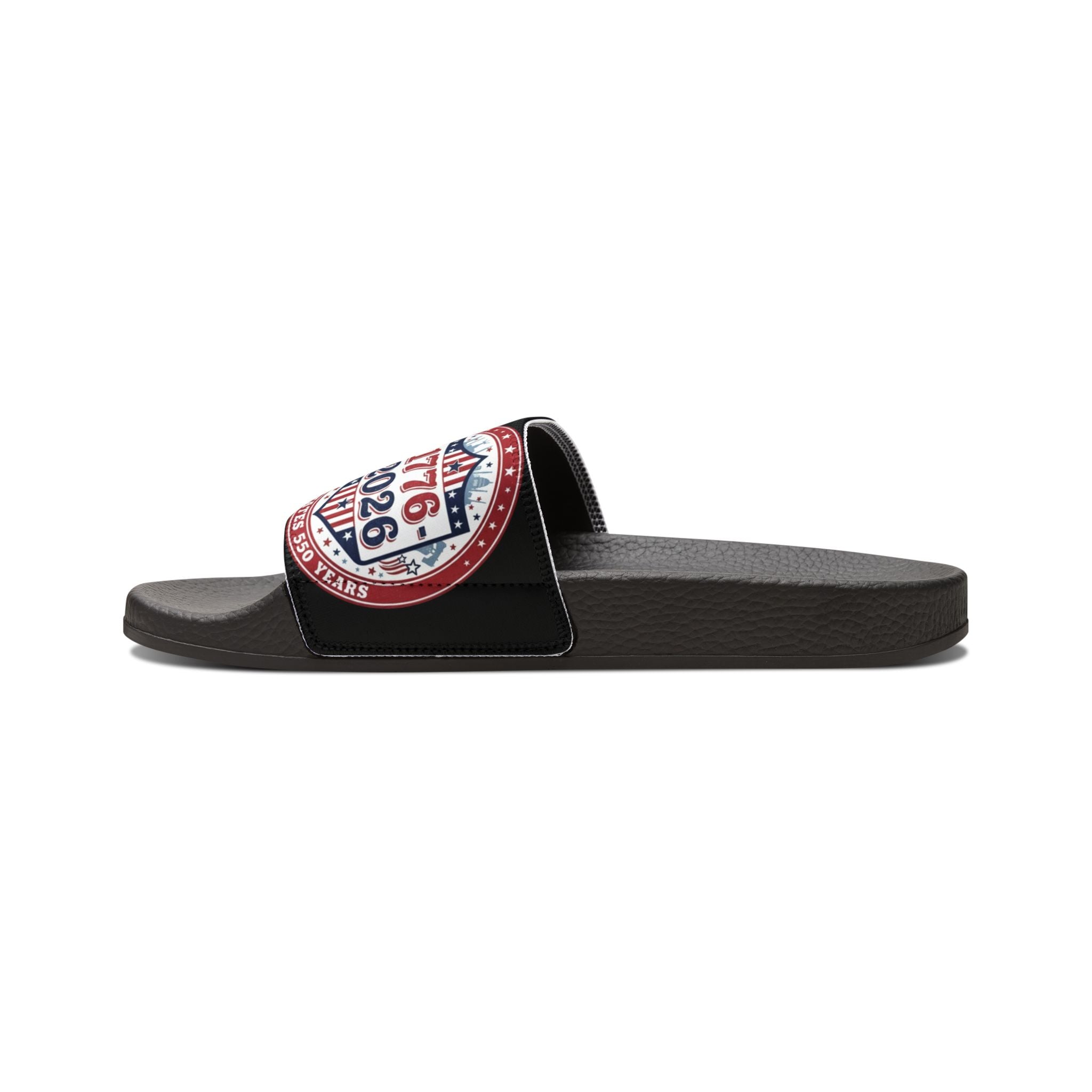 Slide Sandals — Patriotic 1776–2026 Badge Adjustable Strap Slides - Creations by Chris and Carlos