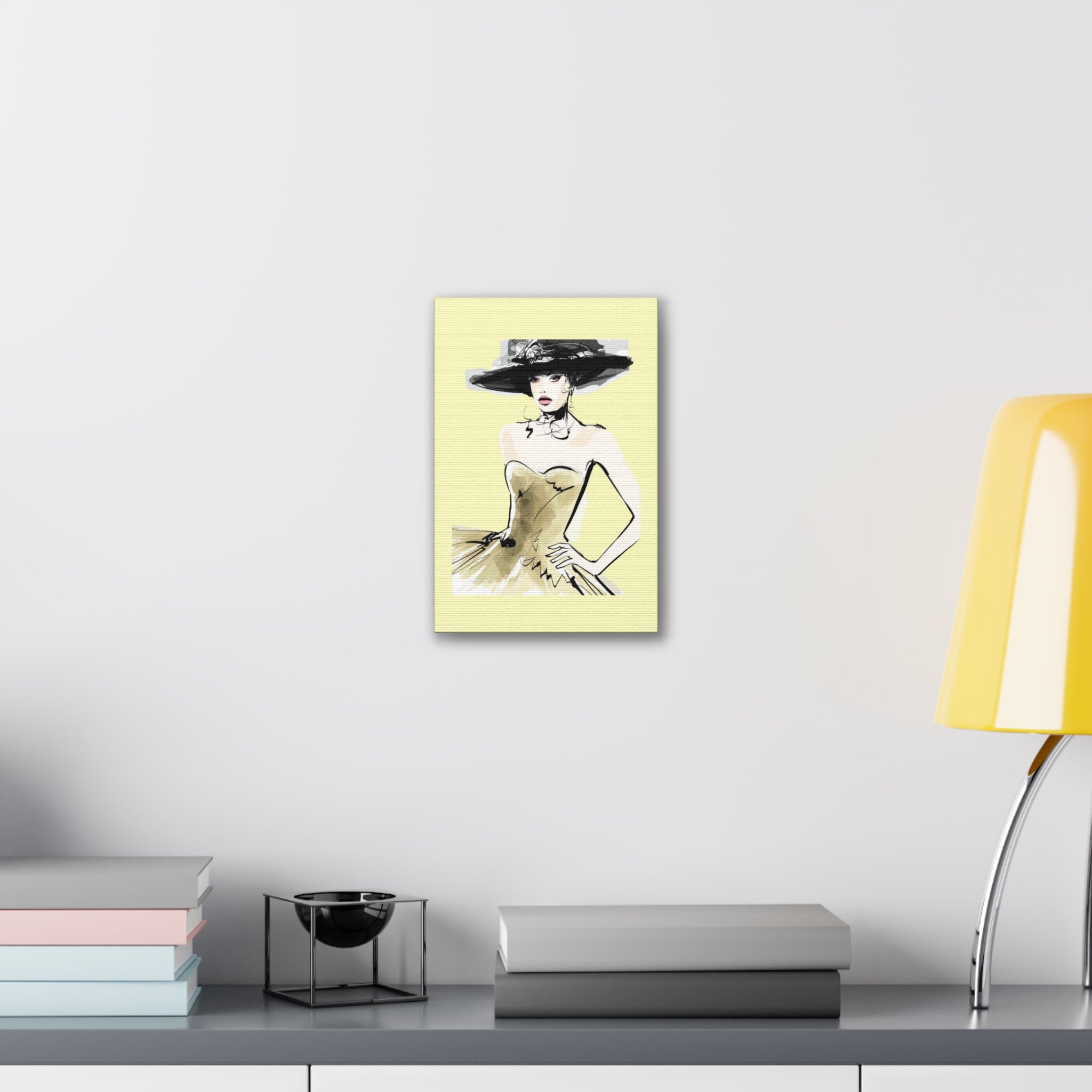 Fashion Illustration Canvas Wall Art - Elegant Woman in Gold Dress (Stretched Canvas) - Creations by Chris and Carlos