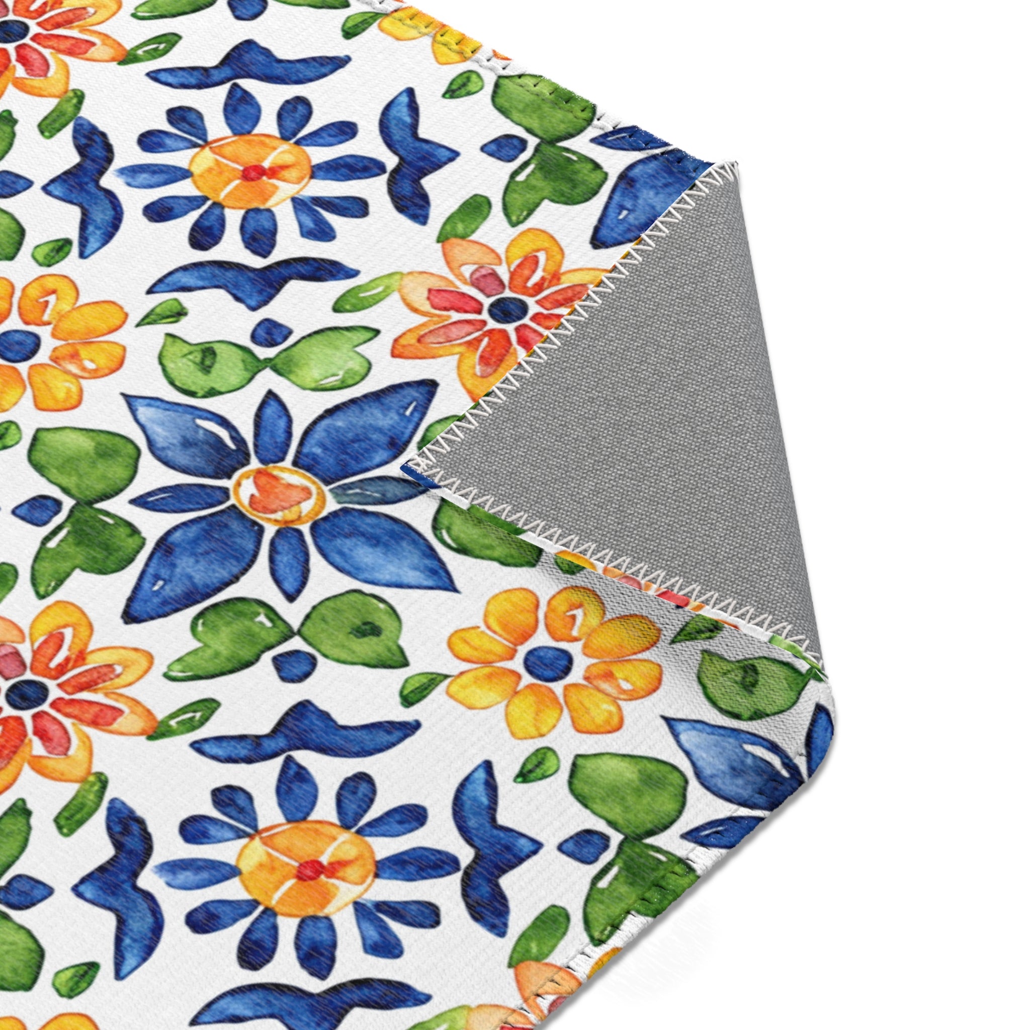 Sol y Alegría (Sun and Joy) Collection- Mediterranean Floral Area Rug — Colorful Blue & Yellow Tile Pattern - Creations by Chris and Carlos