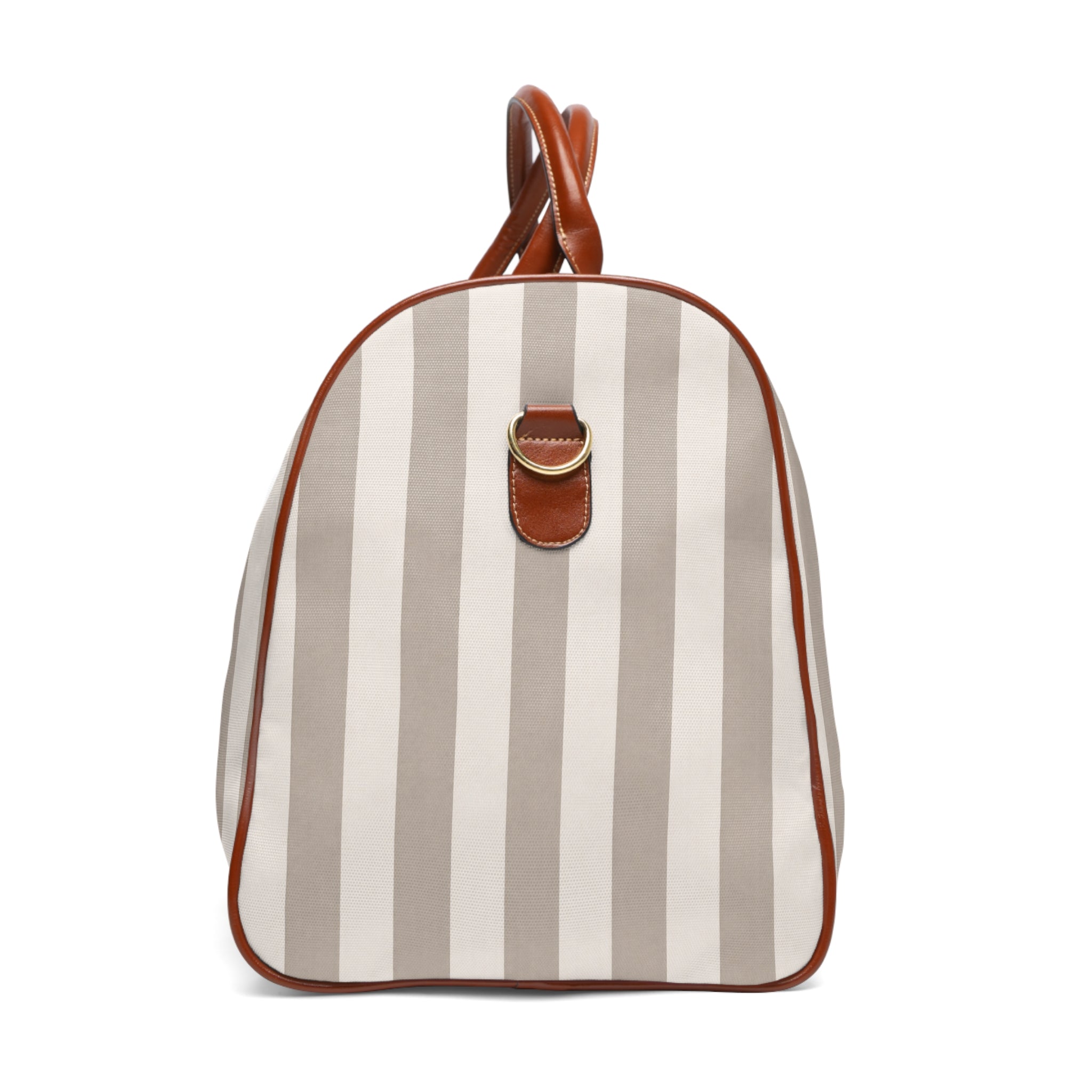 Striped Tan Waterproof Travel Duffle Bag — Coastal "Sunwashed Coast" Patch - Creations by Chris and Carlos
