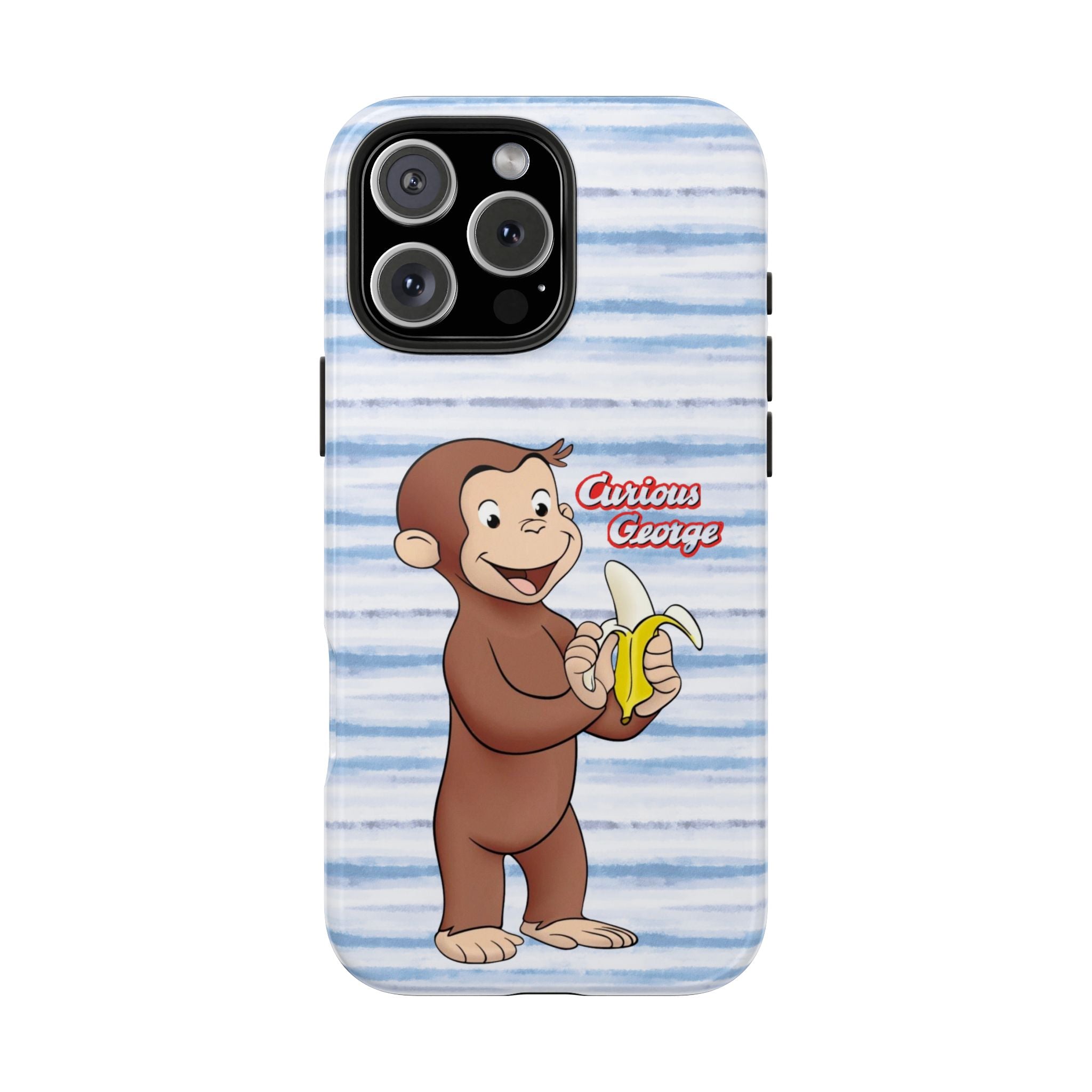 Curious George Banana Tough Phone Case — Cute Kids iPhone Cover, Blue Stripe Protective Case - Creations by Chris and Carlos