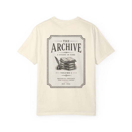 Archive Vintage-Style T-Shirt — "The Archive: A Study in Time" Back Print - Creations by Chris and Carlos