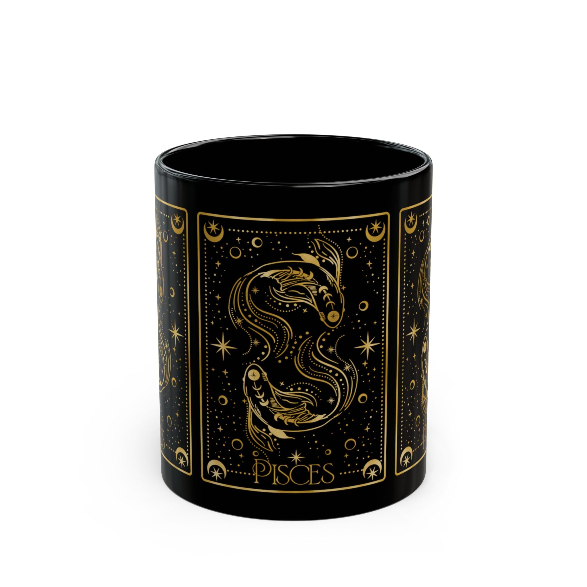 Pisces Zodiac Black Mug — Gold Astrological Fish Coffee Cup (11oz, 15oz) - Creations by Chris and Carlos