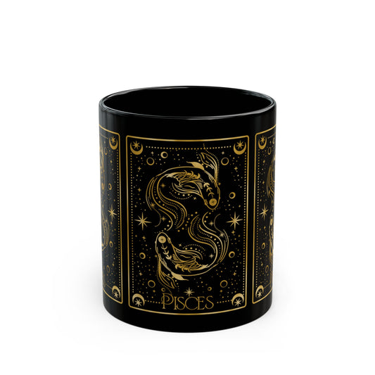 Pisces Zodiac Black Mug — Gold Astrological Fish Coffee Cup (11oz, 15oz) - Creations by Chris and Carlos